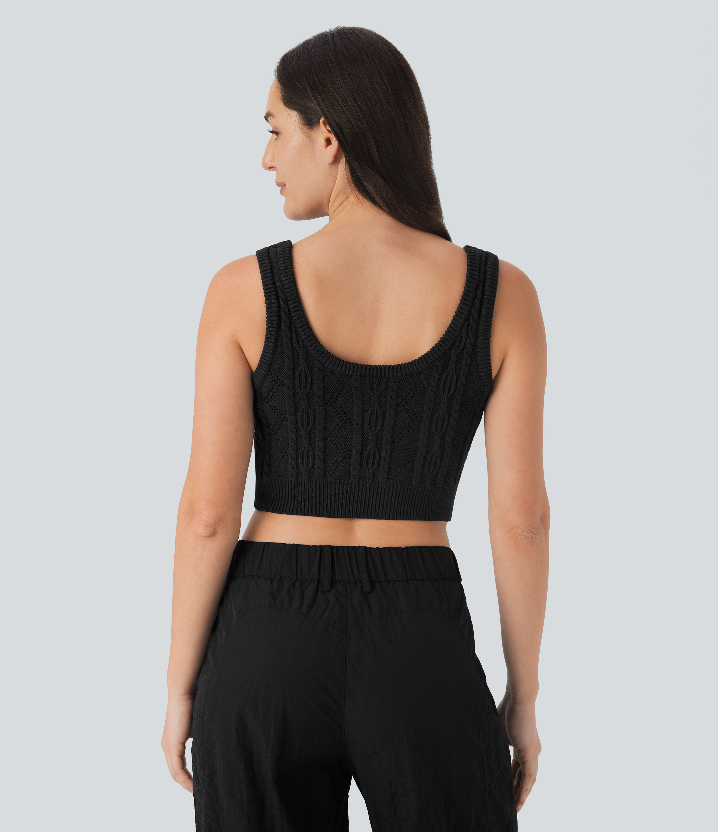 Halara Round Neck Cable Crochet Knit Cropped Casual Sweater Vest  - Black - L 
