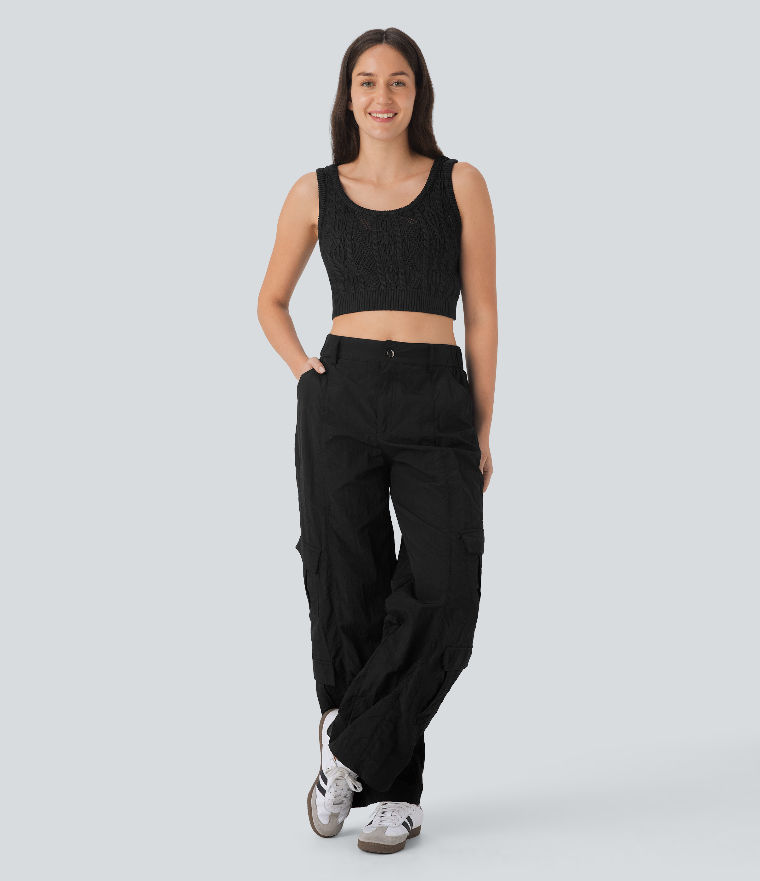 Halara Round Neck Cable Crochet Knit Cropped Casual Sweater Vest  - Black - L 