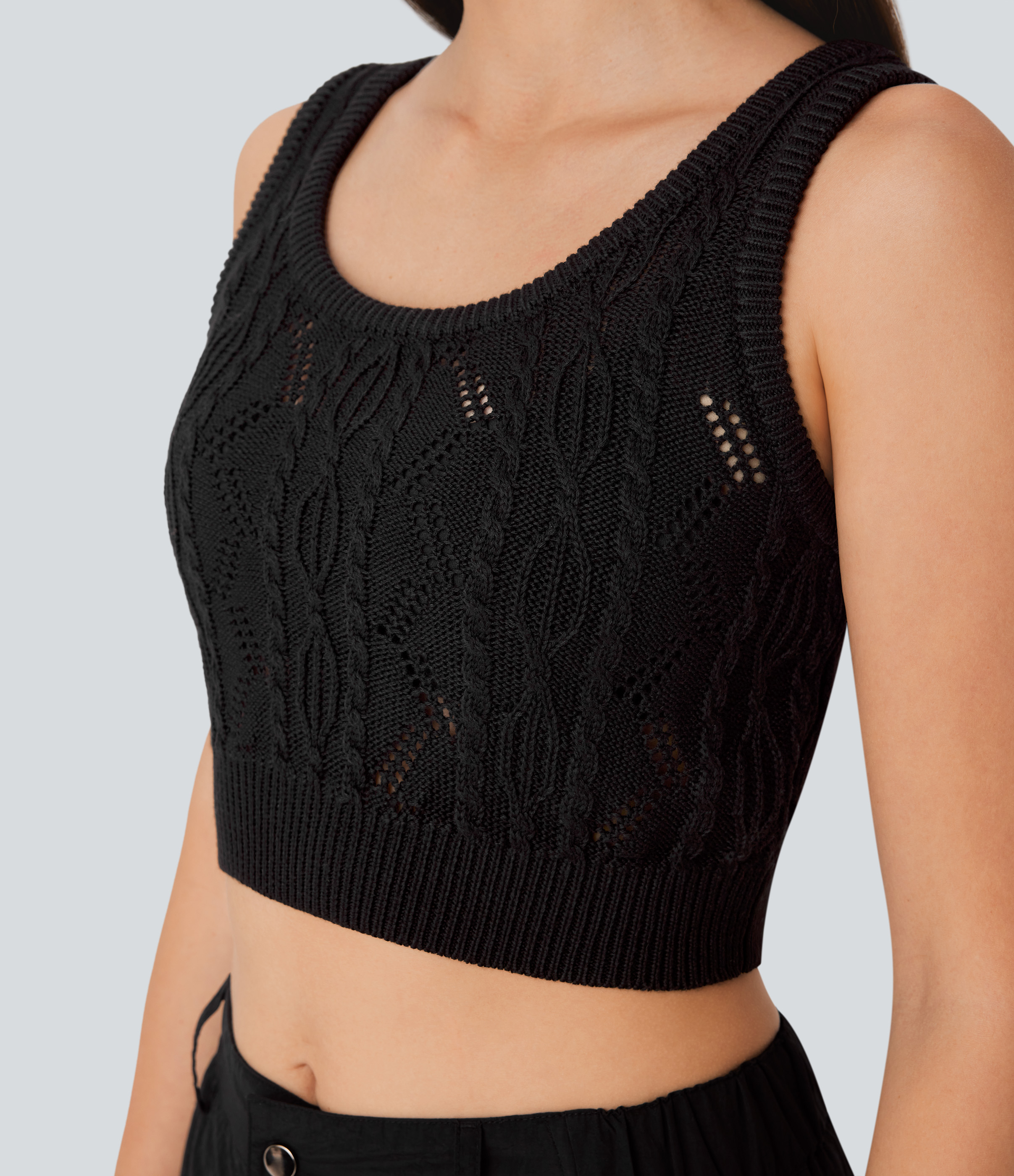 Halara Round Neck Cable Crochet Knit Cropped Casual Sweater Vest  - Black - L 