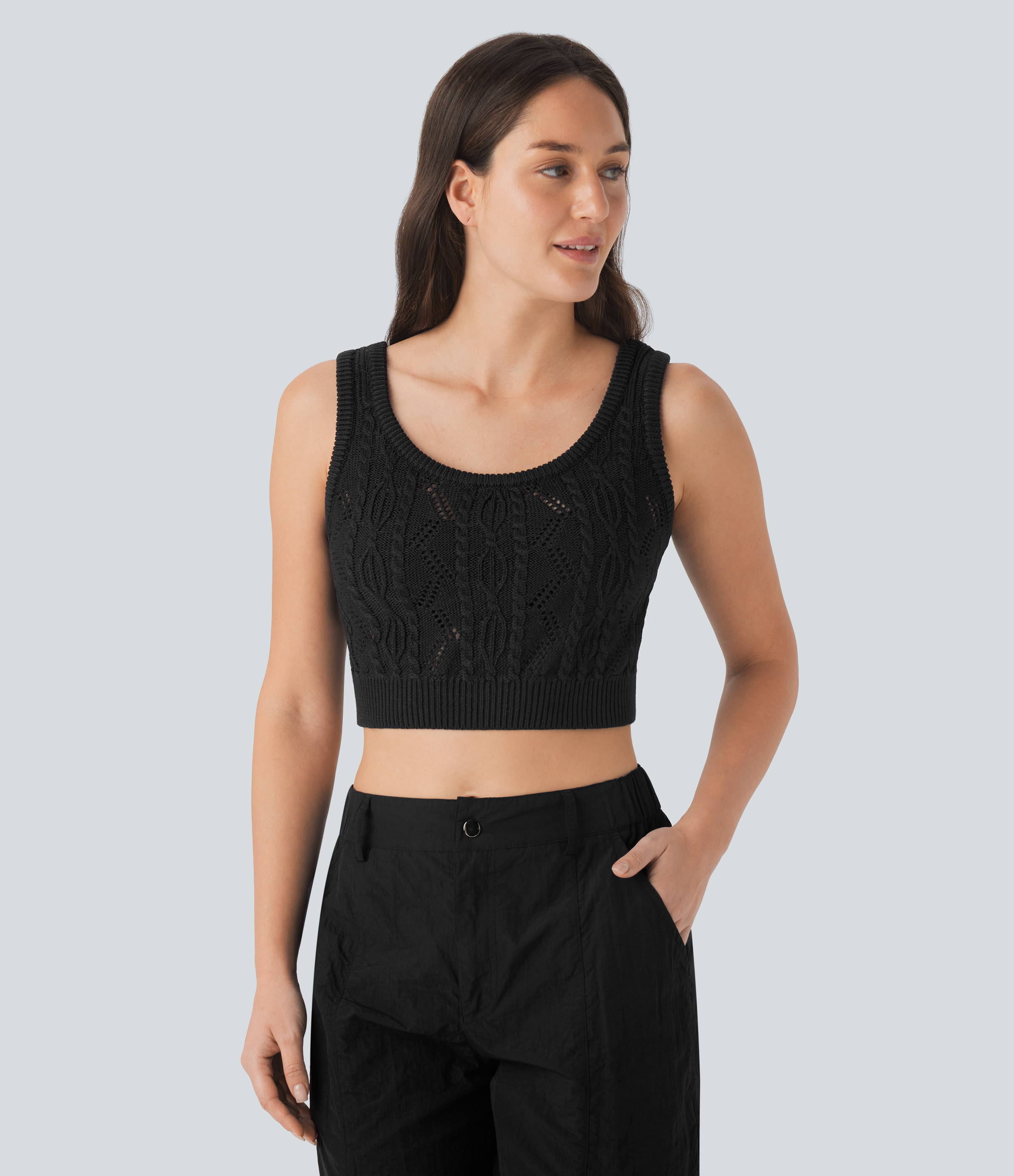 Halara Round Neck Cable Crochet Knit Cropped Casual Sweater Vest  - Black - L 