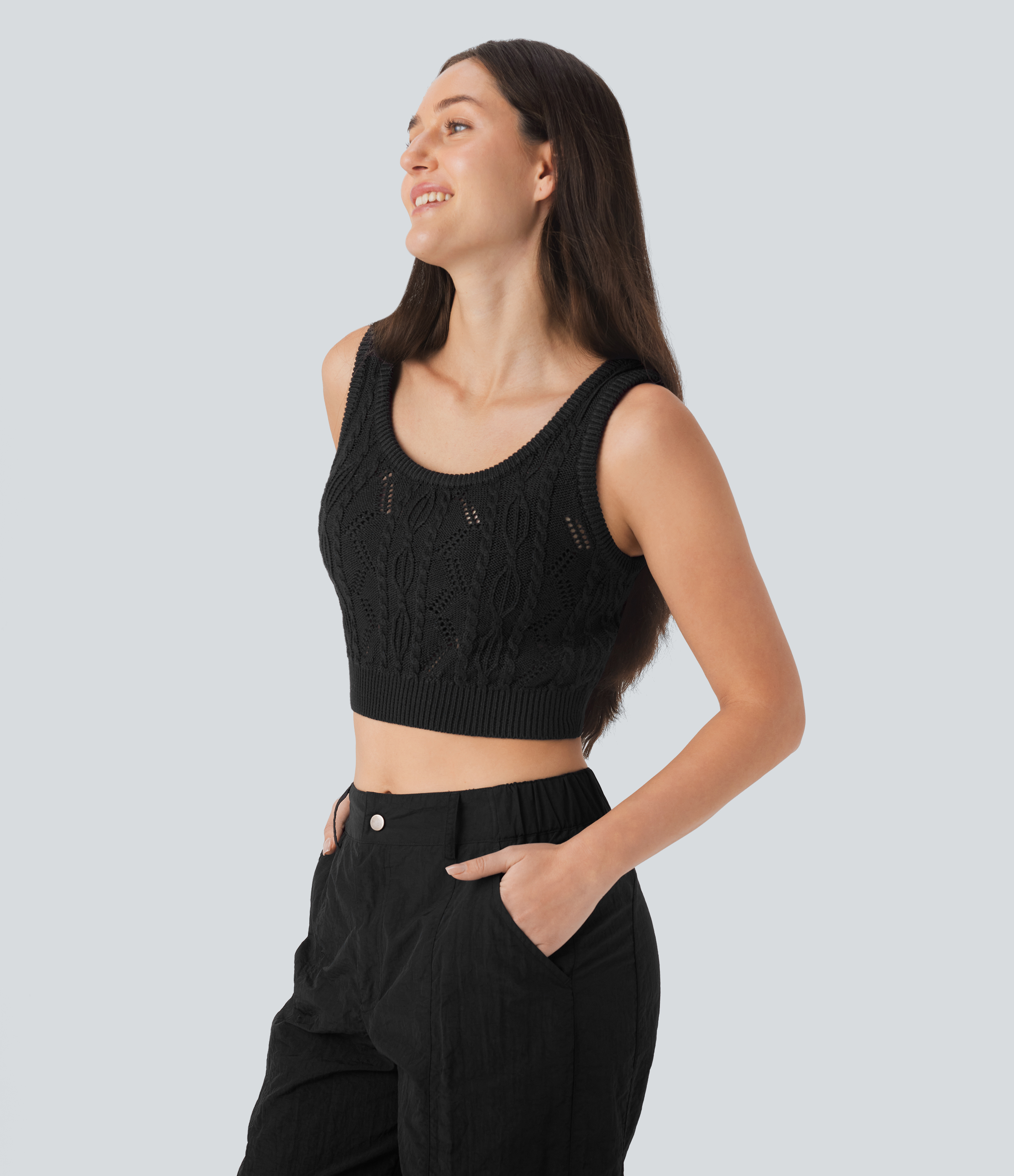 Halara Round Neck Cable Crochet Knit Cropped Casual Sweater Vest  - Black - L 