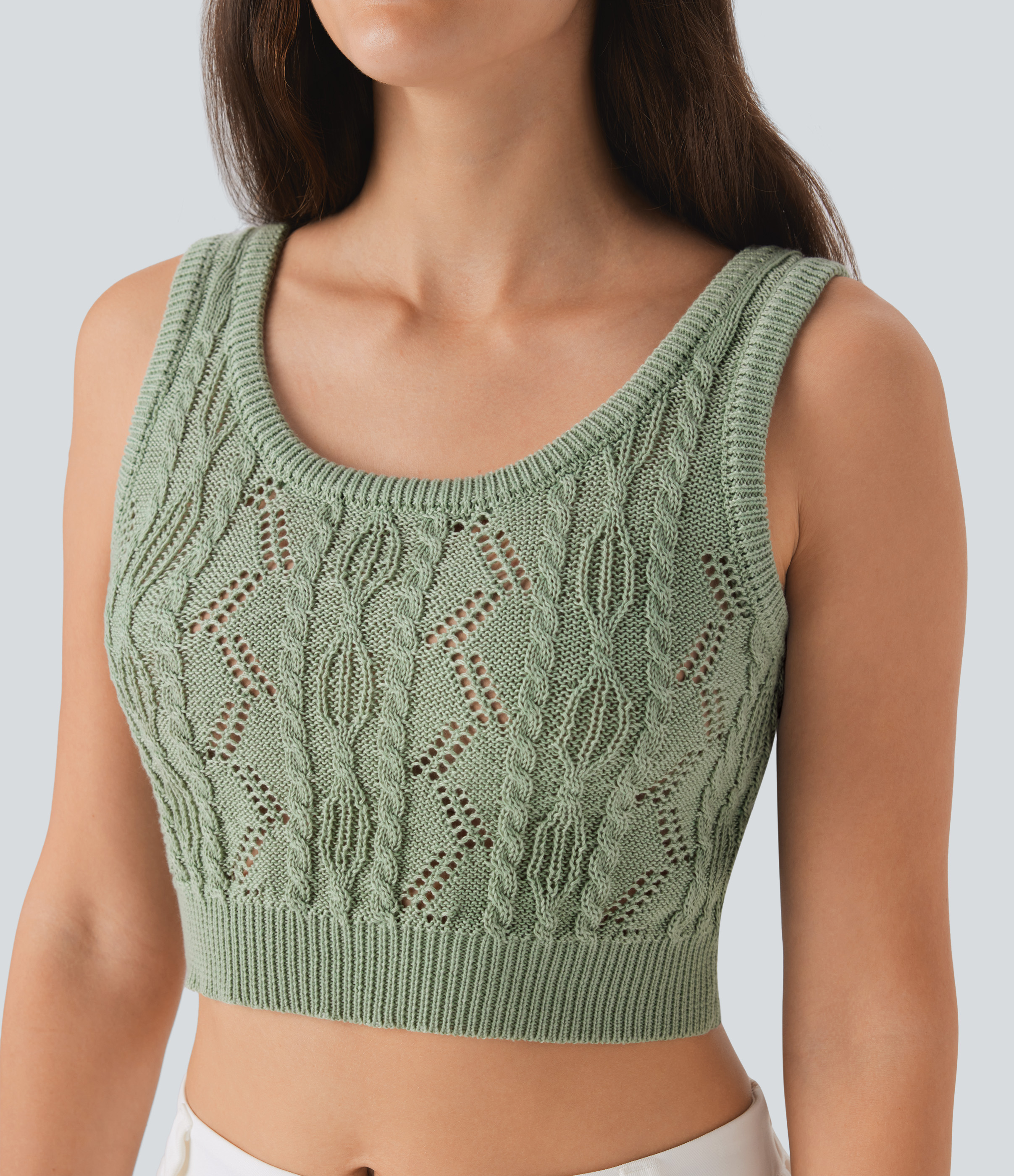 Halara Round Neck Cable Crochet Knit Cropped Casual Sweater Vest  - Laurel Green - XS 