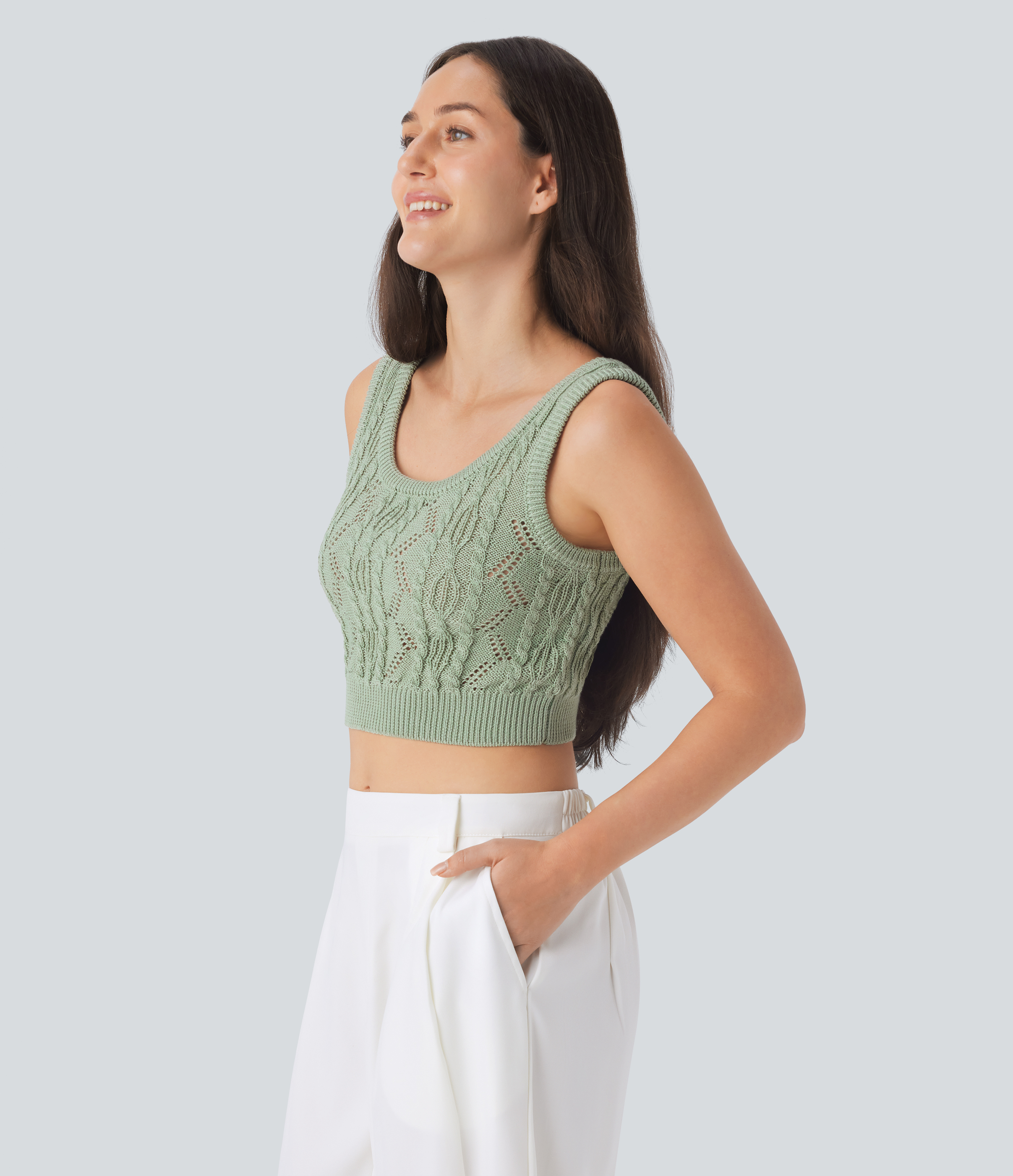 Halara Round Neck Cable Crochet Knit Cropped Casual Sweater Vest  - Laurel Green - XS 