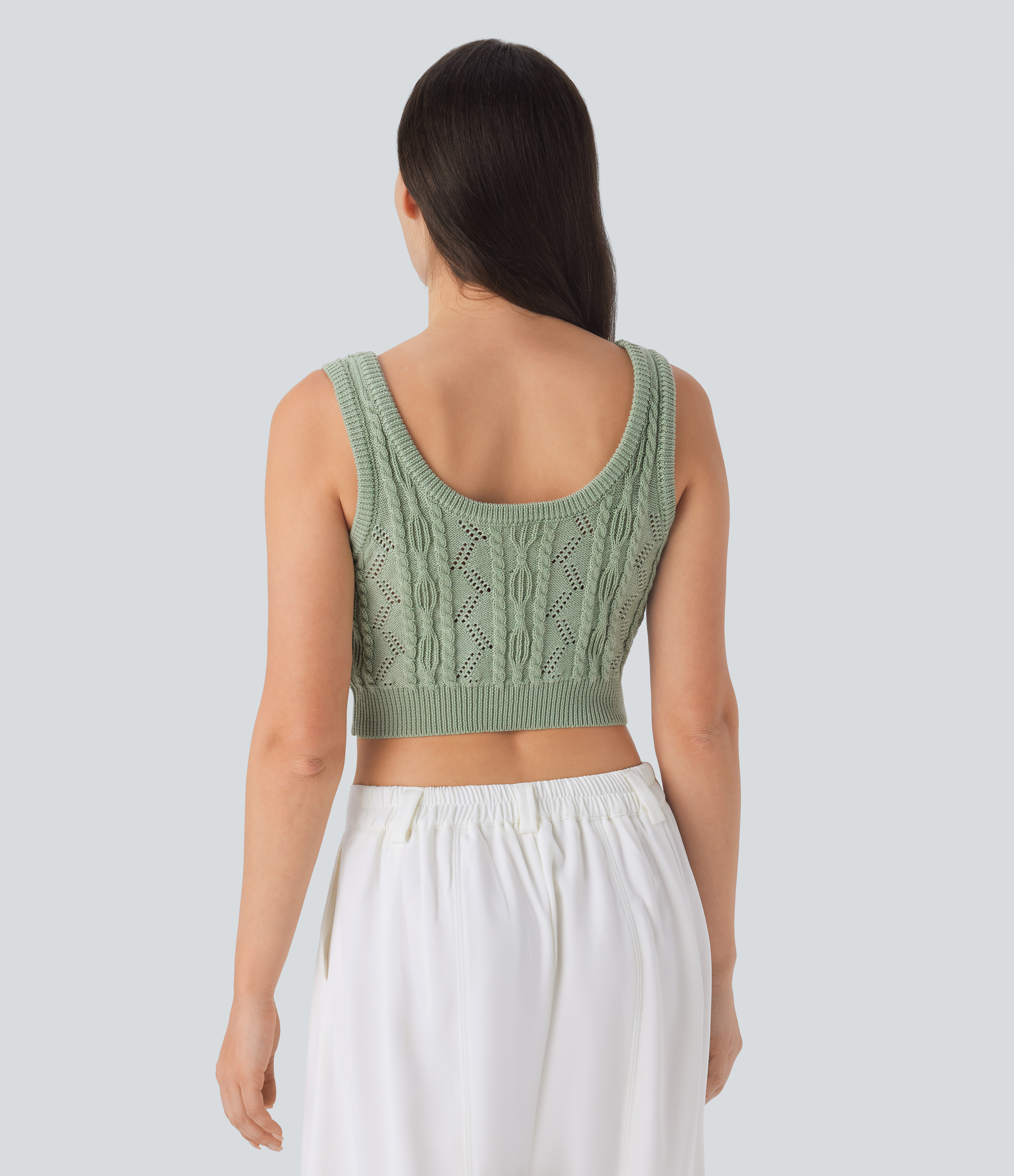 Halara Round Neck Cable Crochet Knit Cropped Casual Sweater Vest  - Laurel Green - XS 