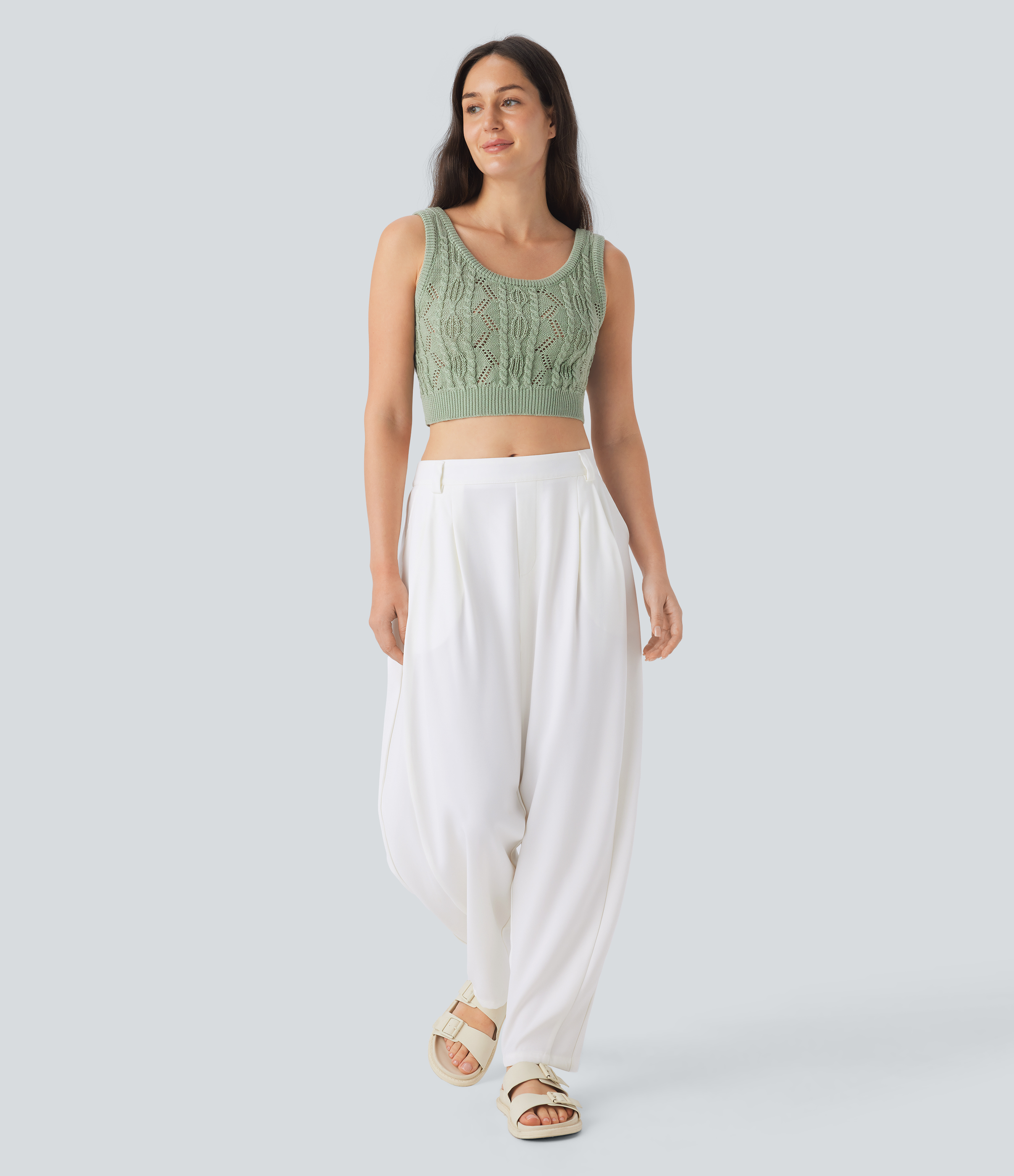 Halara Round Neck Cable Crochet Knit Cropped Casual Sweater Vest  - Laurel Green - XS 