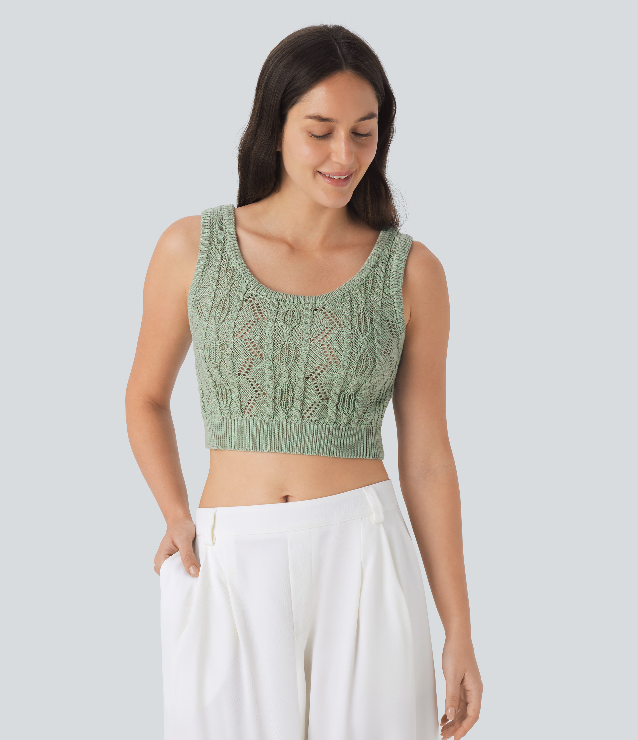Halara Round Neck Cable Crochet Knit Cropped Casual Sweater Vest  - Laurel Green - XS 