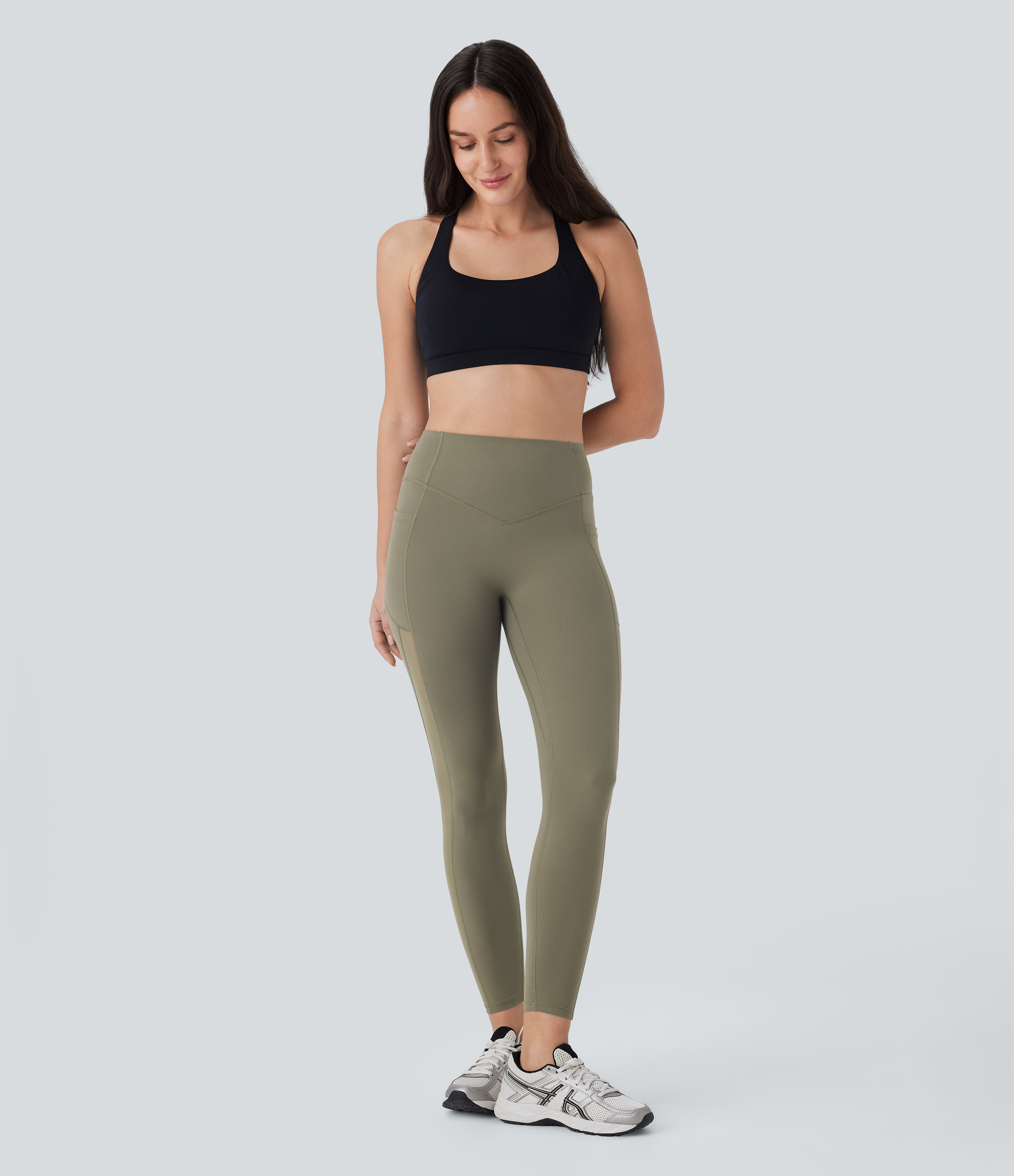 Halara Halara UltraSculptв„ў SoCinched High Waisted Butt Lifting Tummy Control Side Pocket Contrast Mesh Workout Leggings  - Grass Grey Green - XL(7/8) 