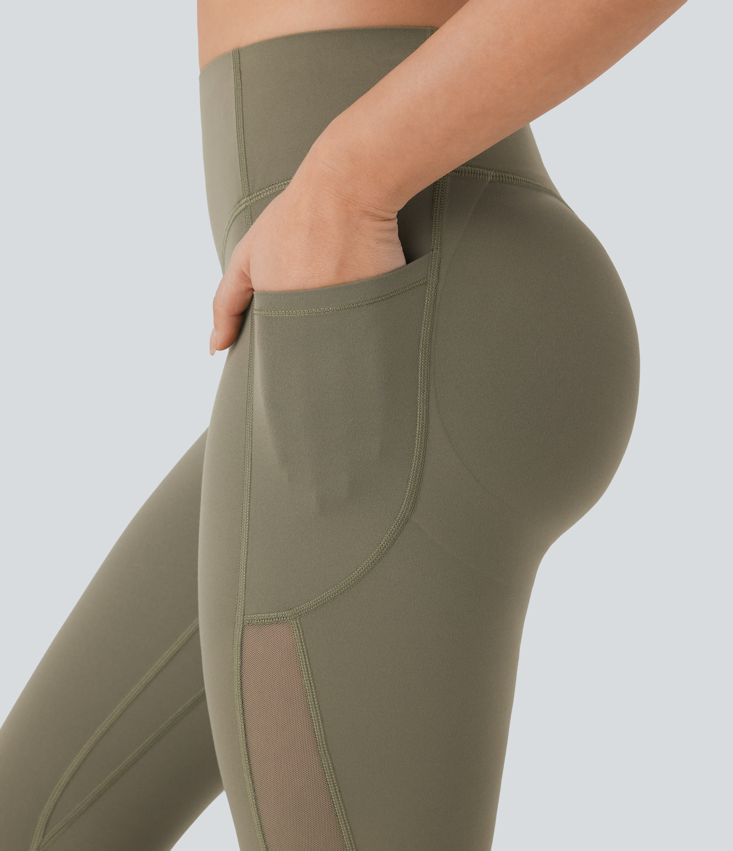 Halara Halara UltraSculptв„ў SoCinched High Waisted Butt Lifting Tummy Control Side Pocket Contrast Mesh Workout Leggings  - Grass Grey Green - XL(7/8) 