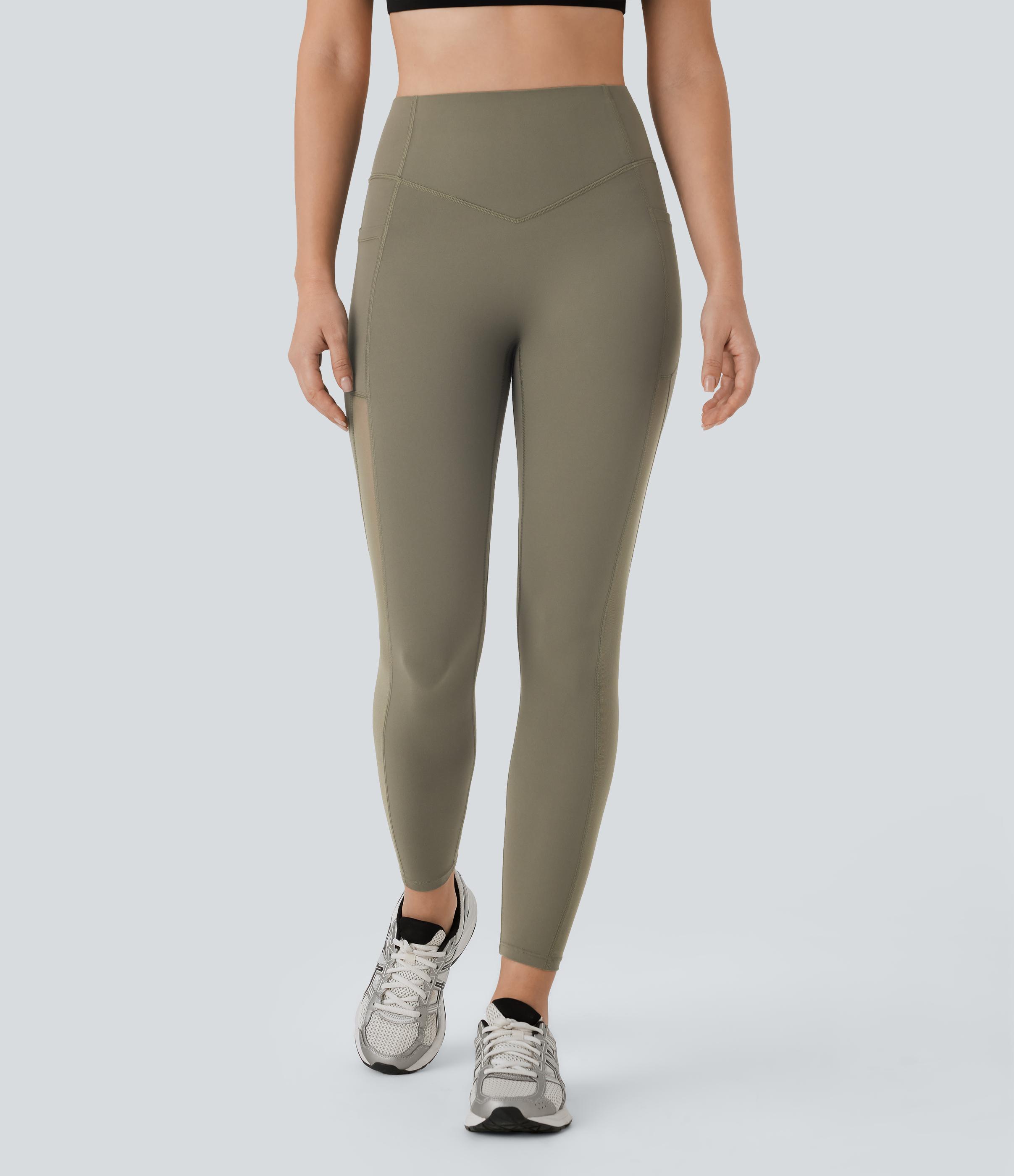 Halara Halara UltraSculptв„ў SoCinched High Waisted Butt Lifting Tummy Control Side Pocket Contrast Mesh Workout Leggings  - Grass Grey Green - XL(7/8) 