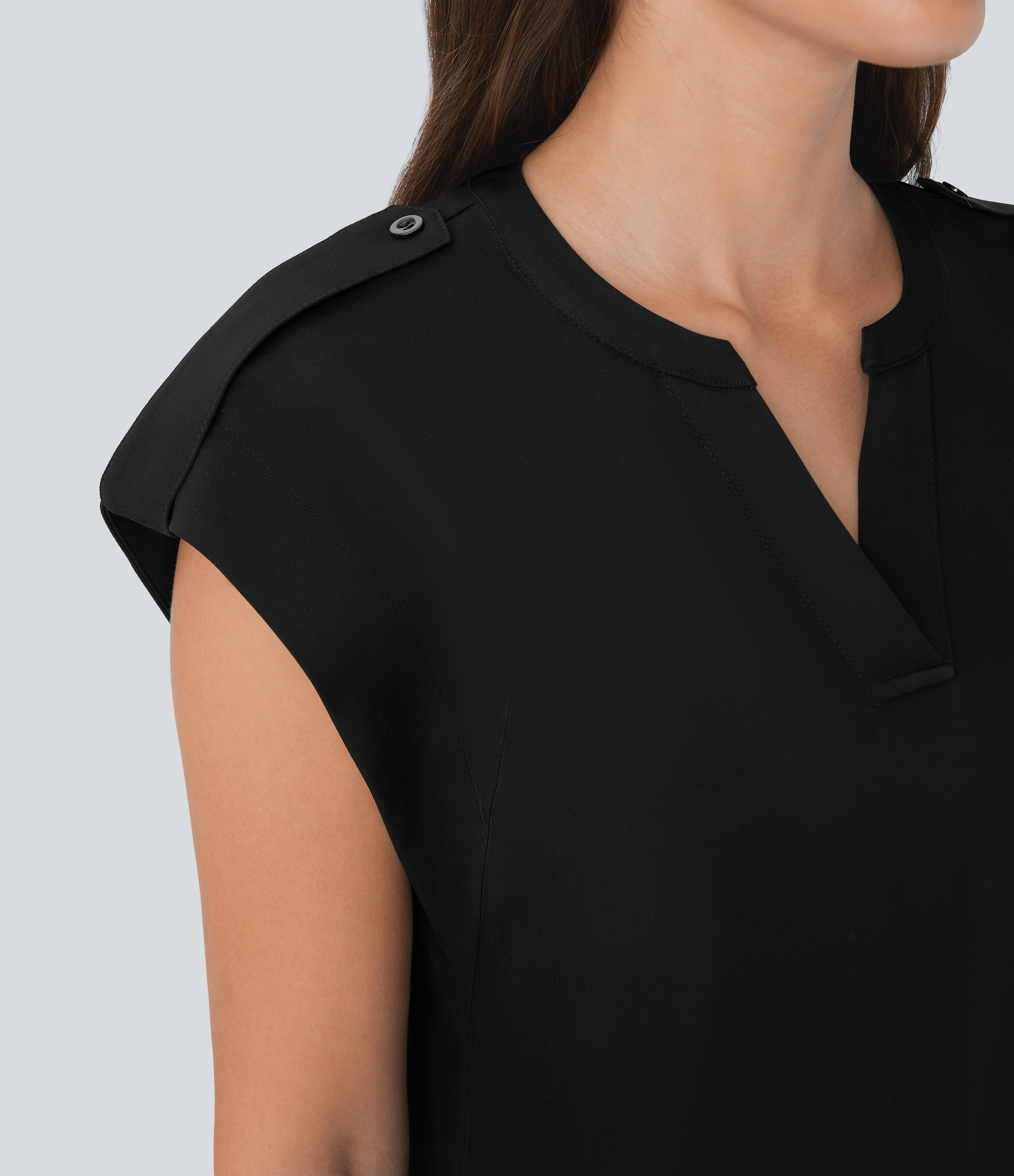Halara V Neck Sleeveless Decorative Button Work Top Tank Top - Black - L golf tops halter top tunic tops sleeveless tops backless top 