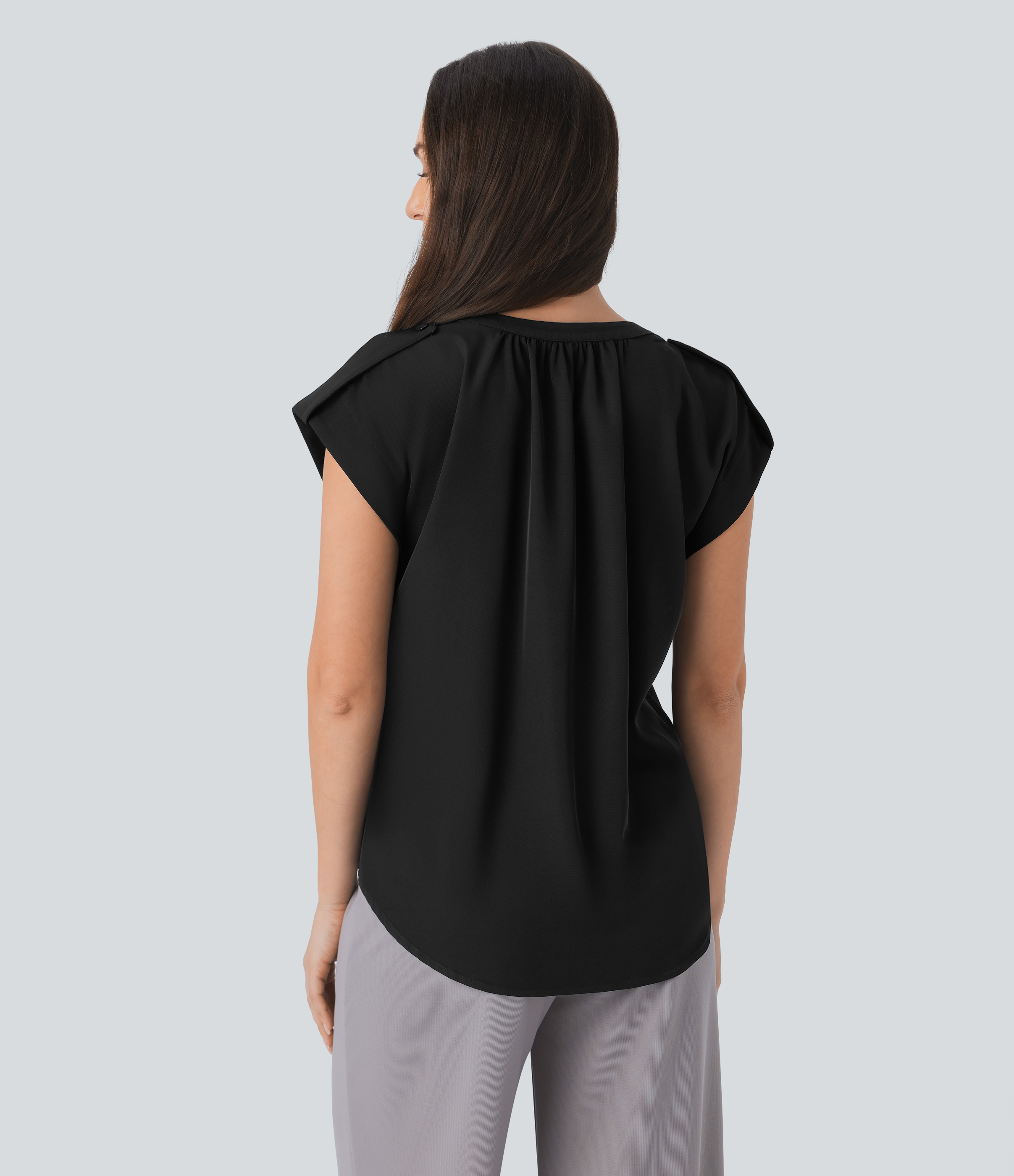 Halara V Neck Sleeveless Decorative Button Work Top Tank Top - Black - L golf tops halter top tunic tops sleeveless tops backless top 