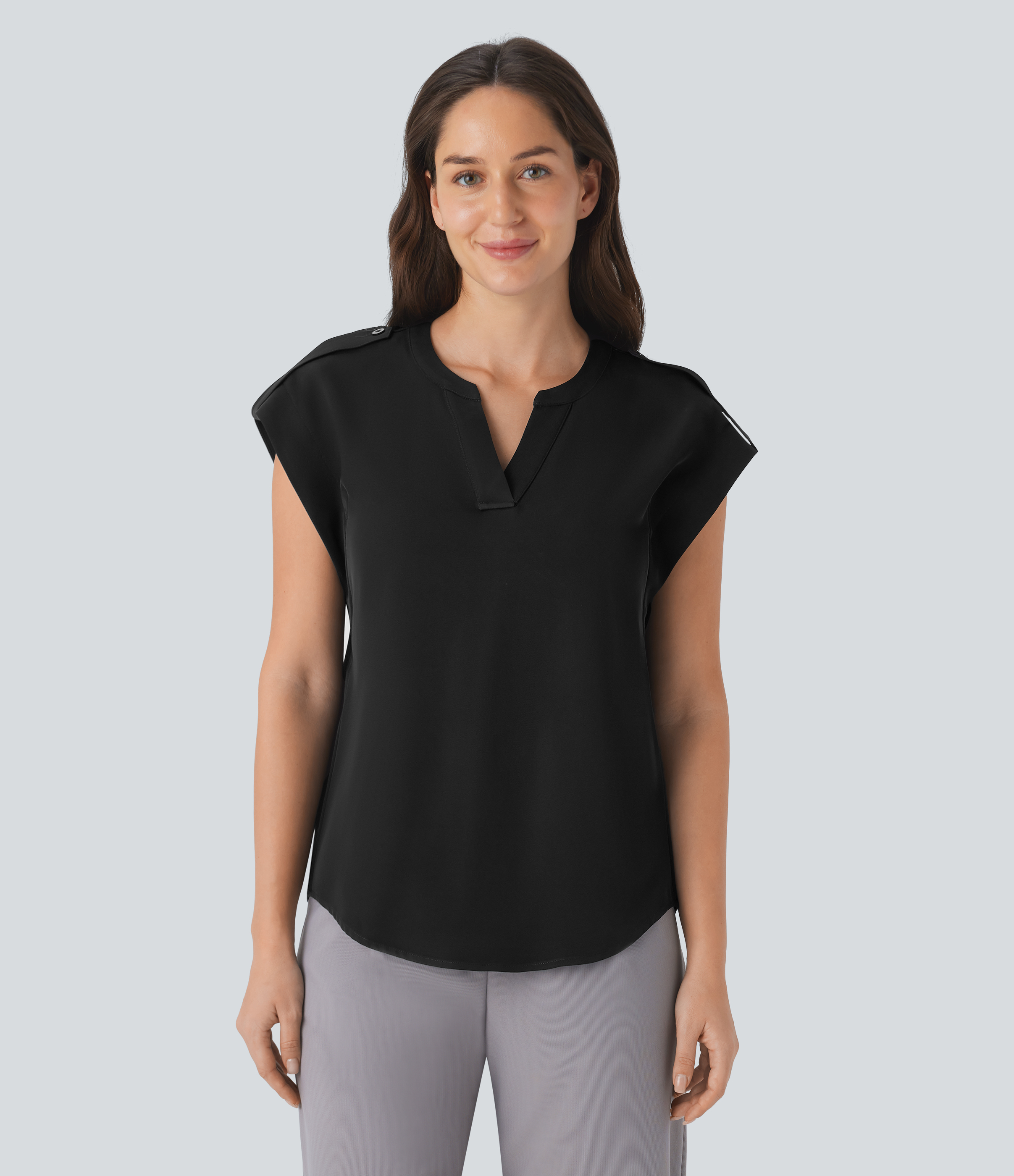 Halara V Neck Sleeveless Decorative Button Work Top Tank Top - Black - L golf tops halter top tunic tops sleeveless tops backless top 