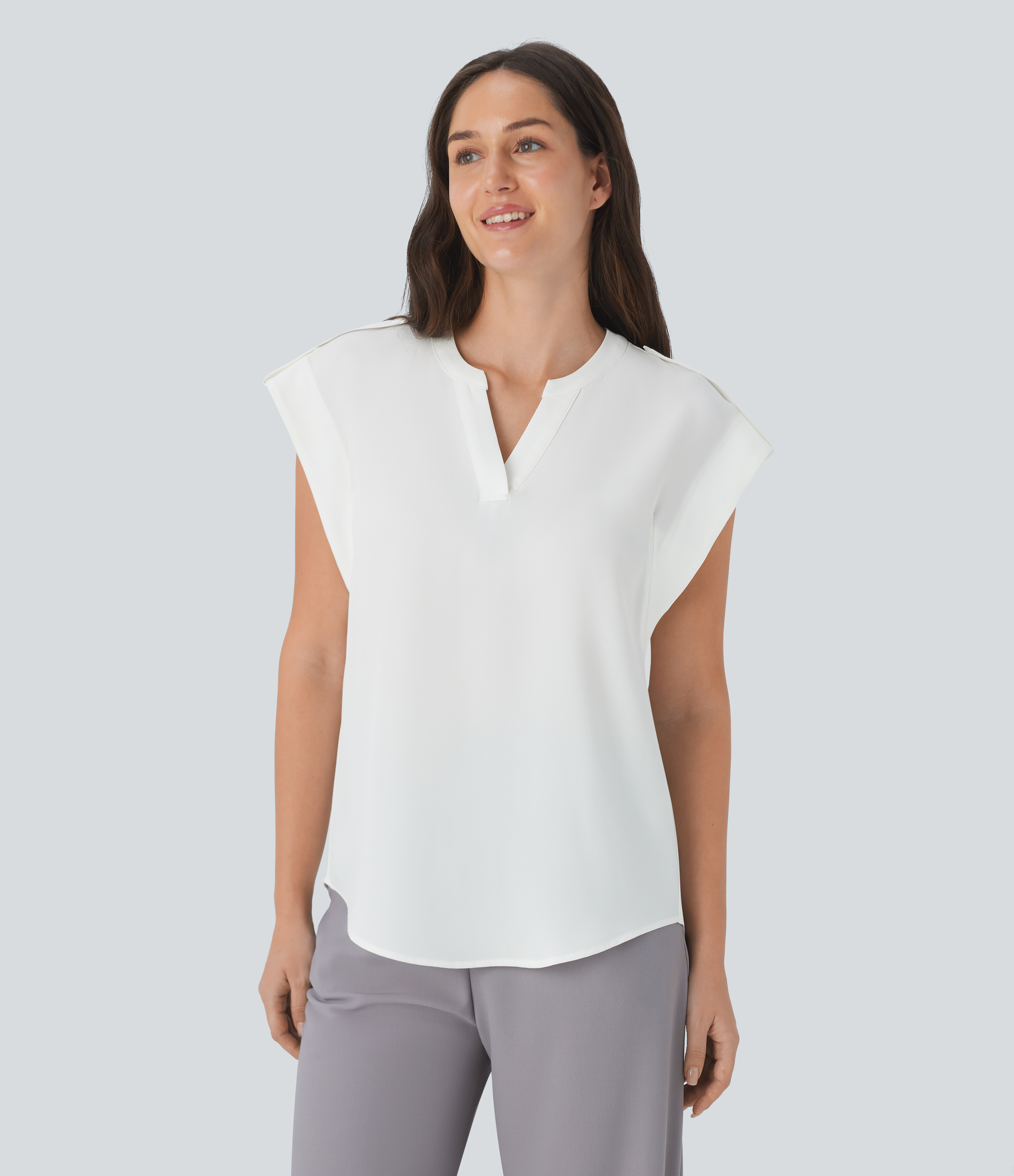 Halara V Neck Sleeveless Decorative Button Work Top Tank Top - White - L golf tops halter top tunic tops sleeveless tops backless top 