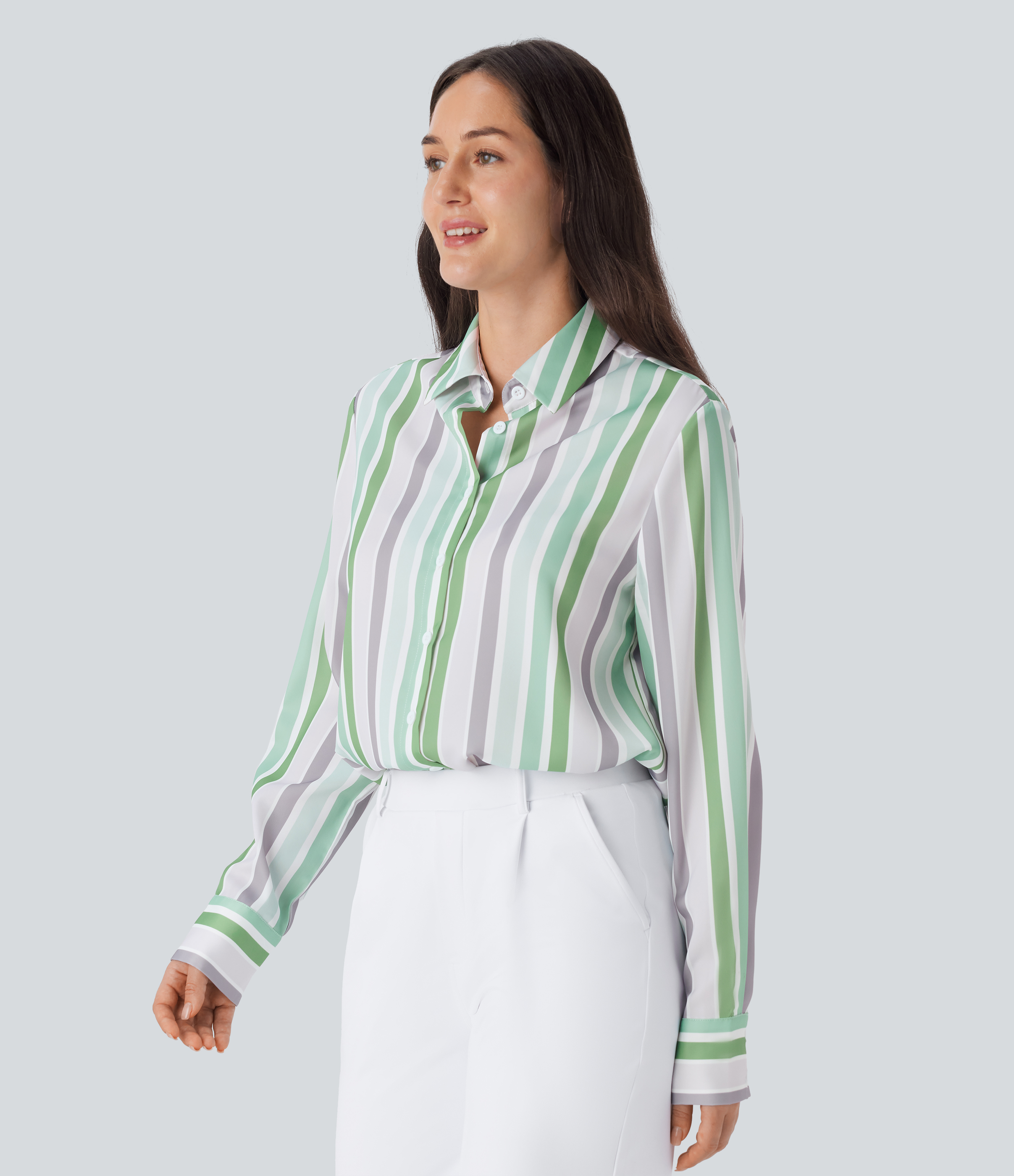Halara Stripe Long Sleeve Button Fly Casual Shirt  - Mix Color Stripe - S 