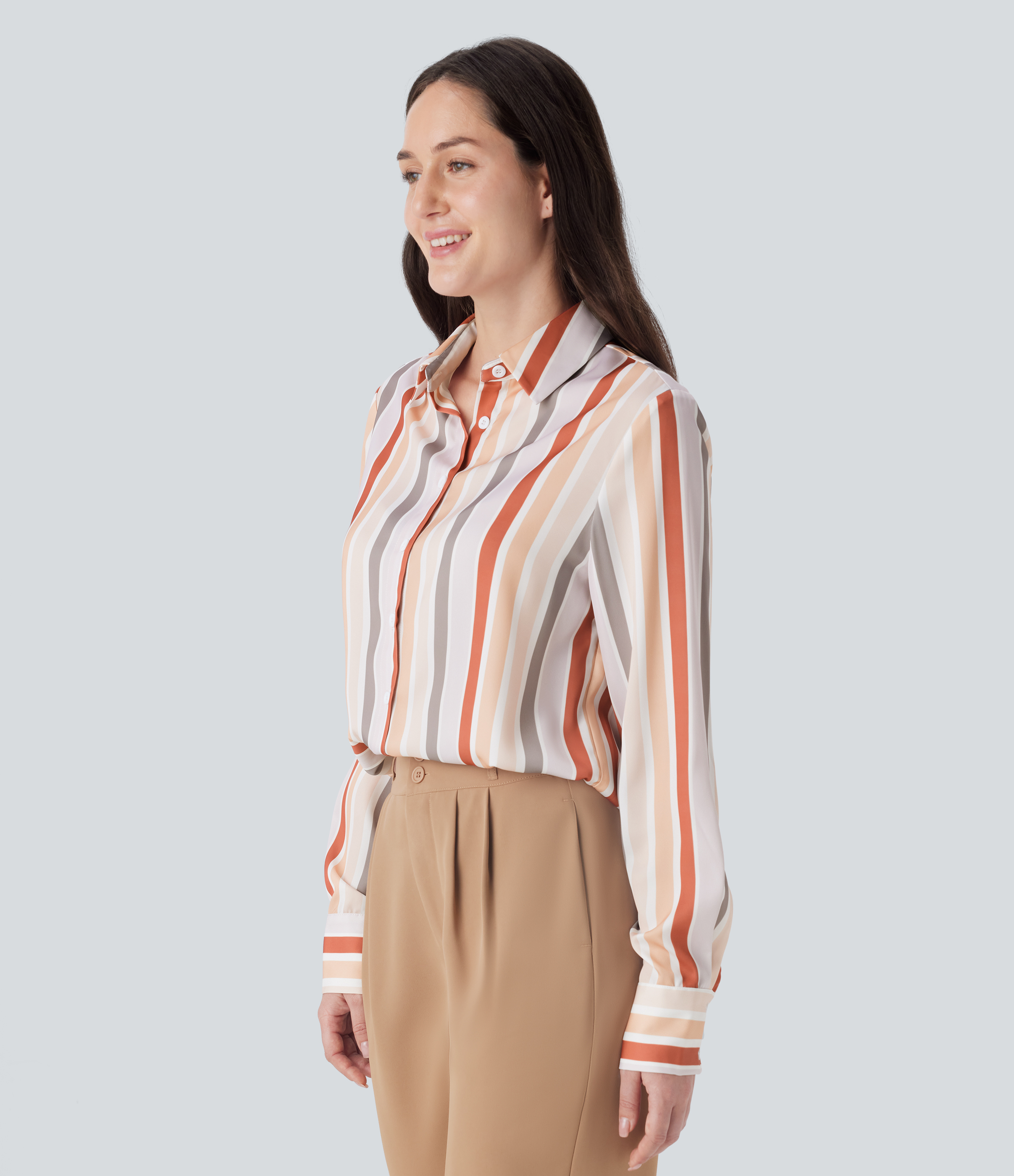 Halara Stripe Long Sleeve Button Fly Casual Shirt  - Orange Stripes - S 
