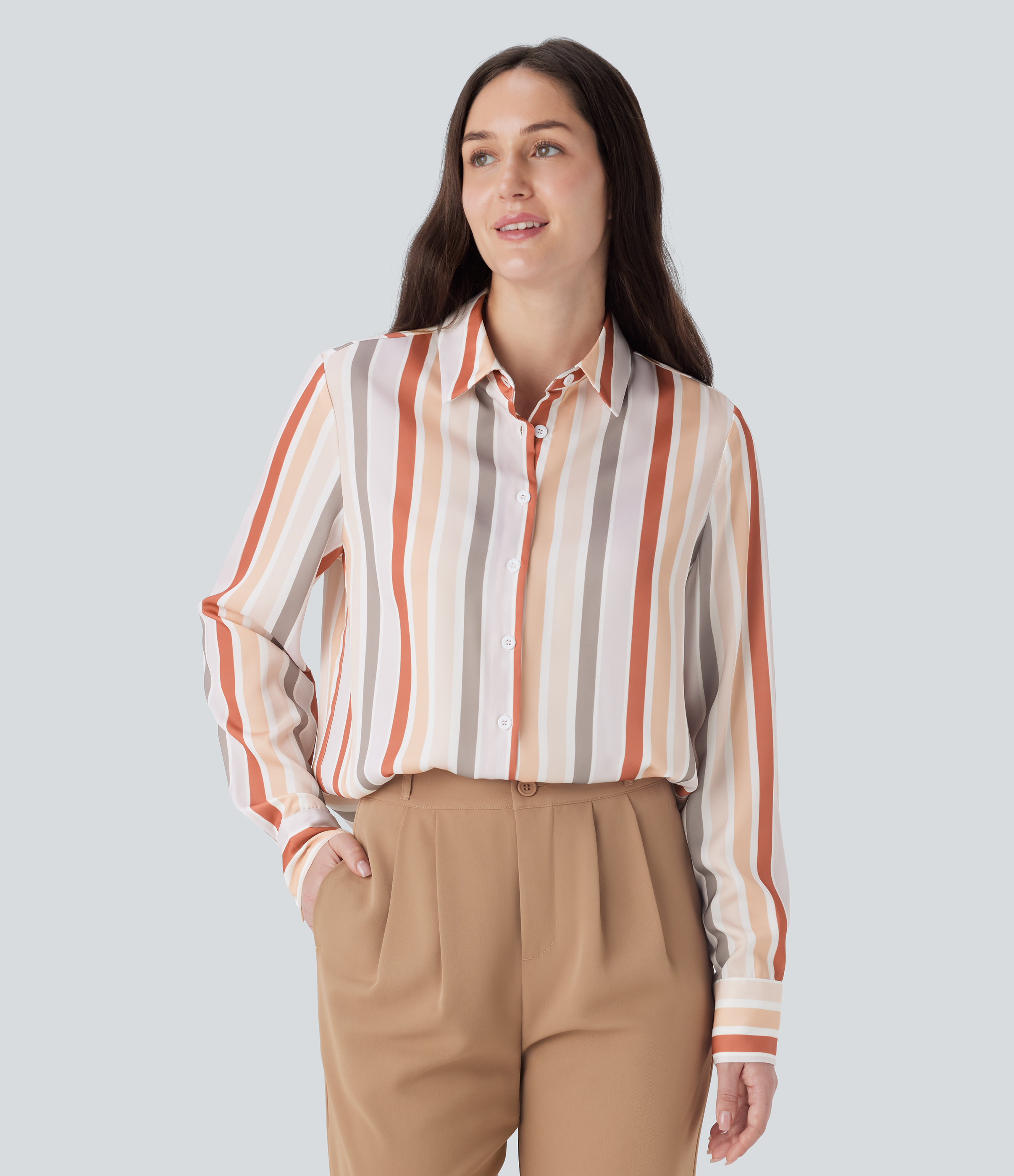 Halara Stripe Long Sleeve Button Fly Casual Shirt  - Orange Stripes - S 