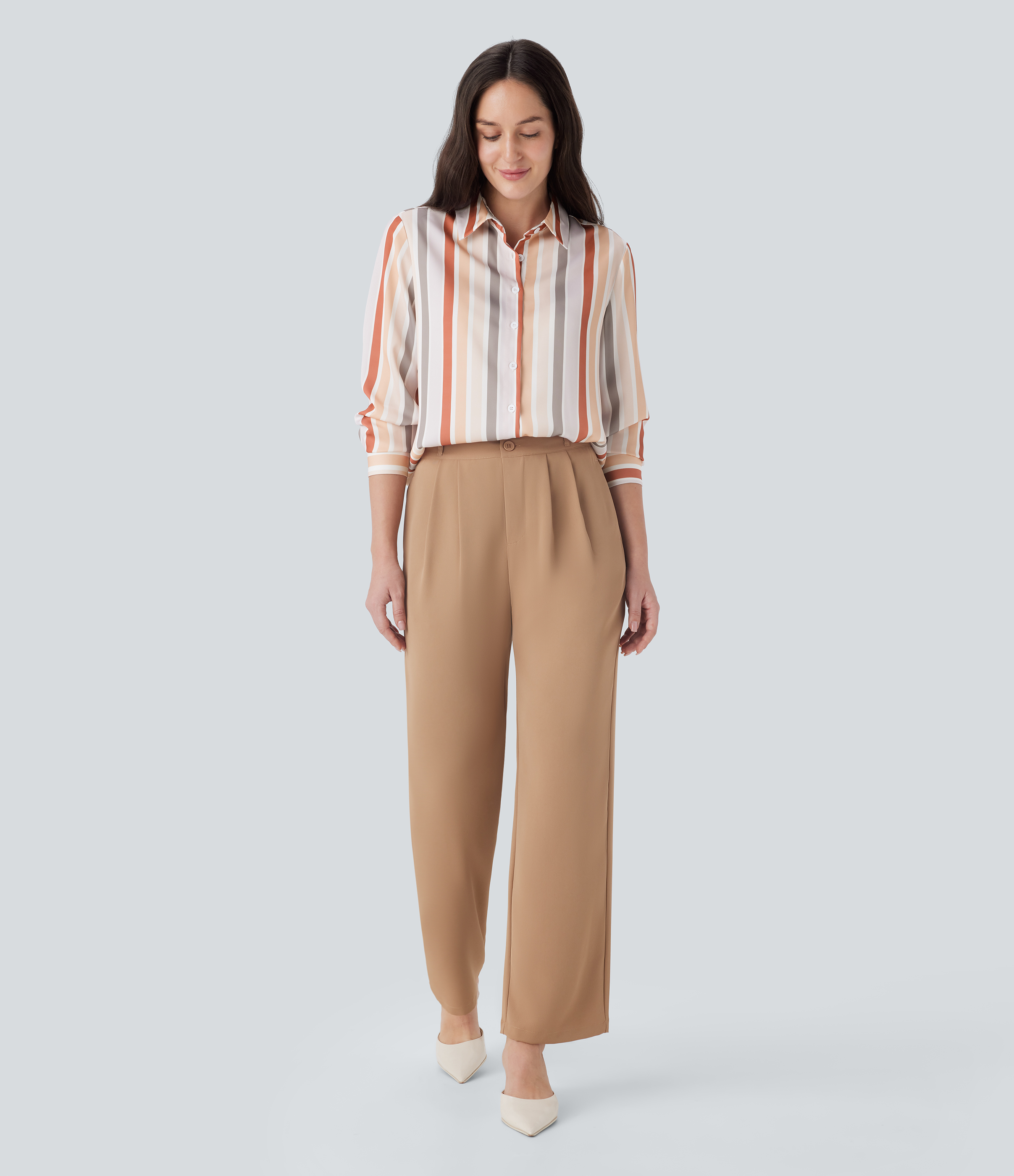 Halara Stripe Long Sleeve Button Fly Casual Shirt  - Orange Stripes - S 