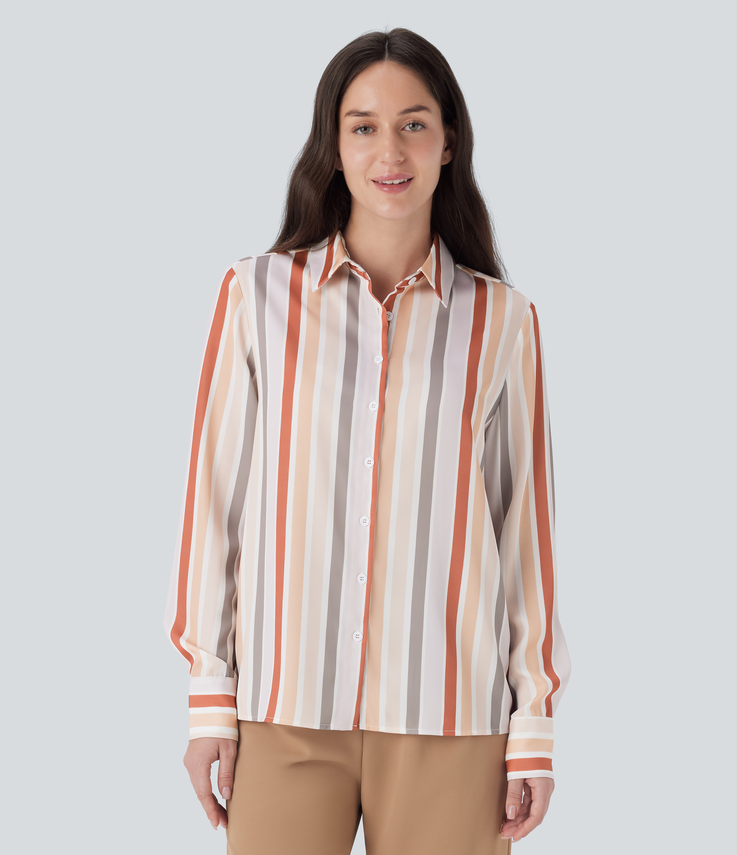 Halara Stripe Long Sleeve Button Fly Casual Shirt  - Orange Stripes - S 