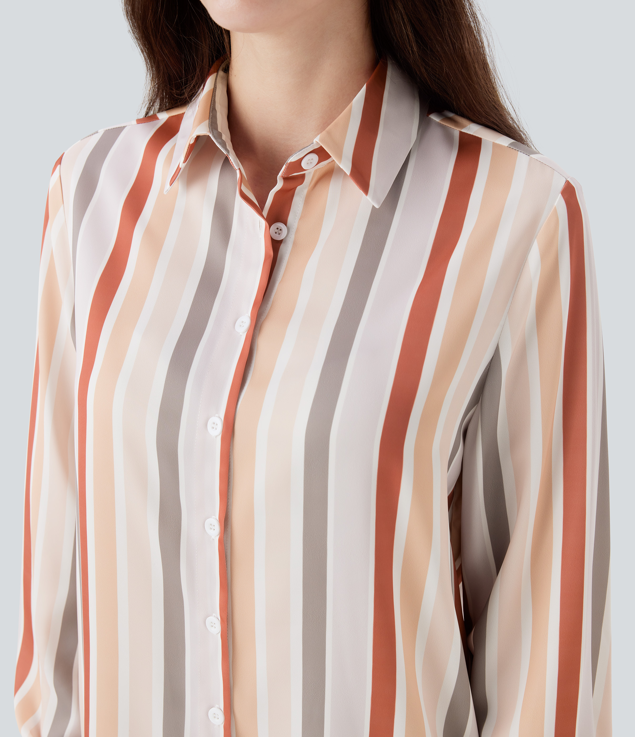 Halara Stripe Long Sleeve Button Fly Casual Shirt  - Orange Stripes - S 