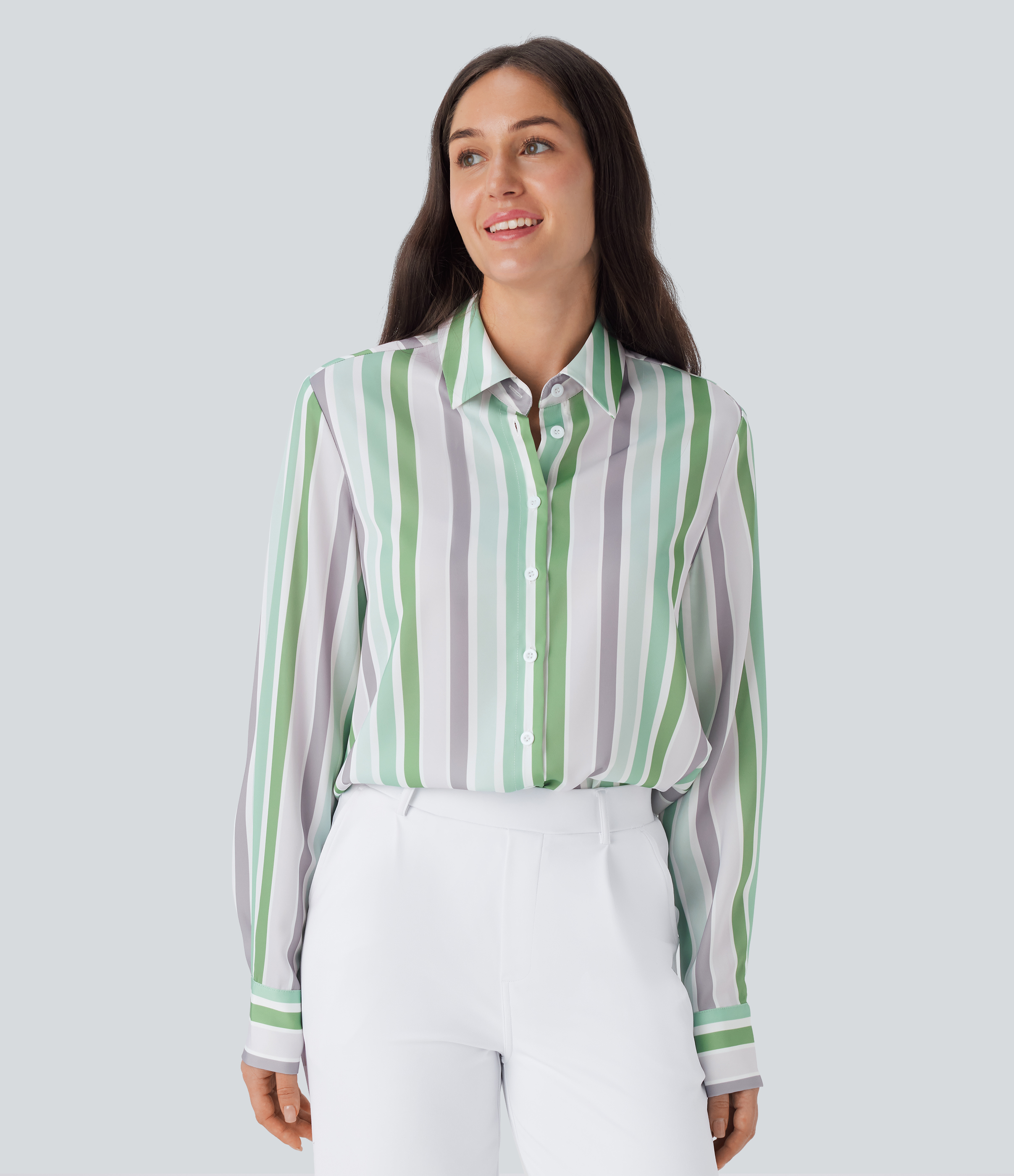 Halara Stripe Long Sleeve Button Fly Casual Shirt  - Mix Color Stripe - S 