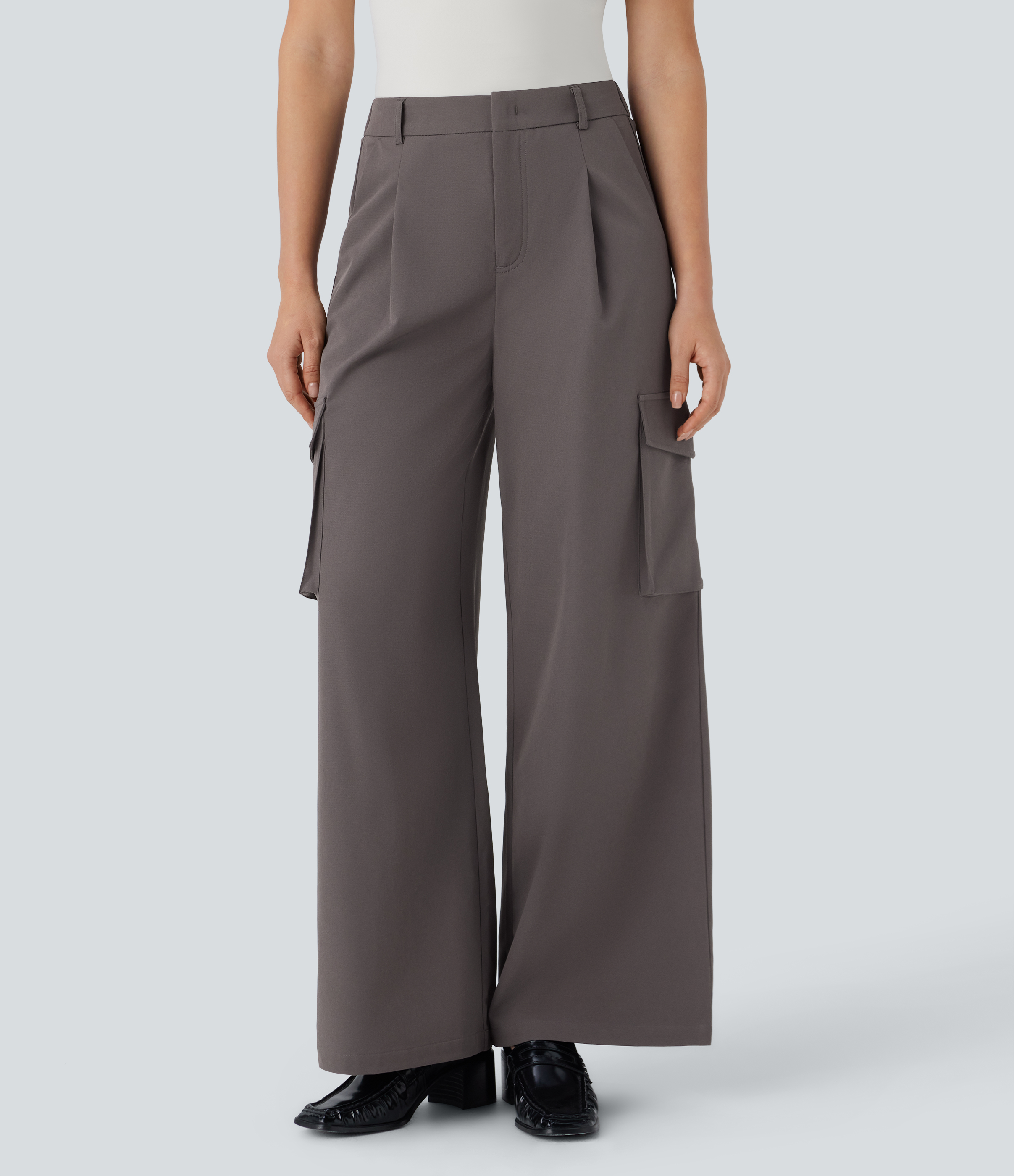 Halara Water Repellent Wear-Resistant High Waisted Zipper Multiple Pockets Thermal Wide Leg Work Cargo Pants  - Eiffel Tower - XS(regular) 