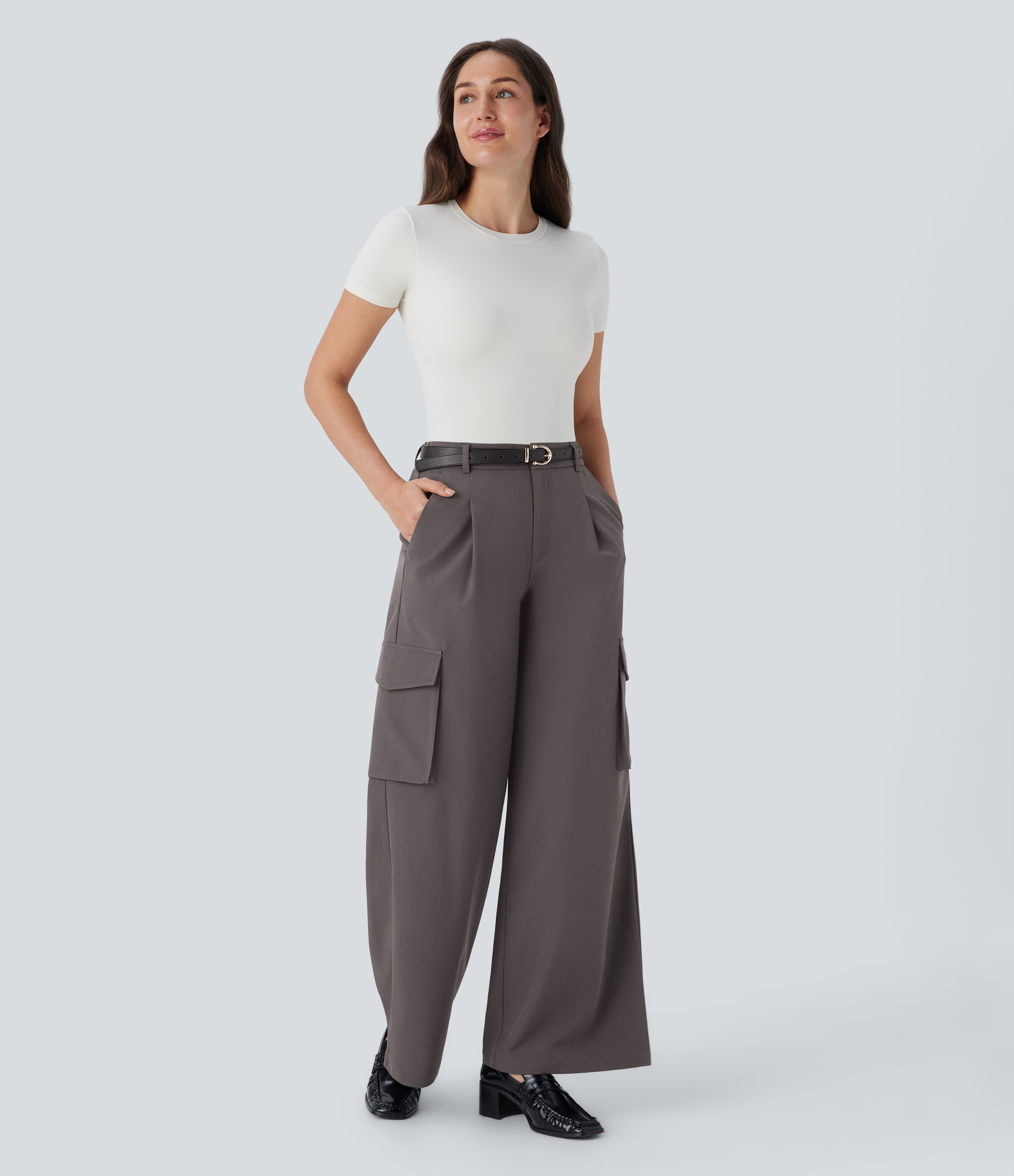 Halara Water Repellent Wear-Resistant High Waisted Zipper Multiple Pockets Thermal Wide Leg Work Cargo Pants  - Eiffel Tower - XS(regular) 