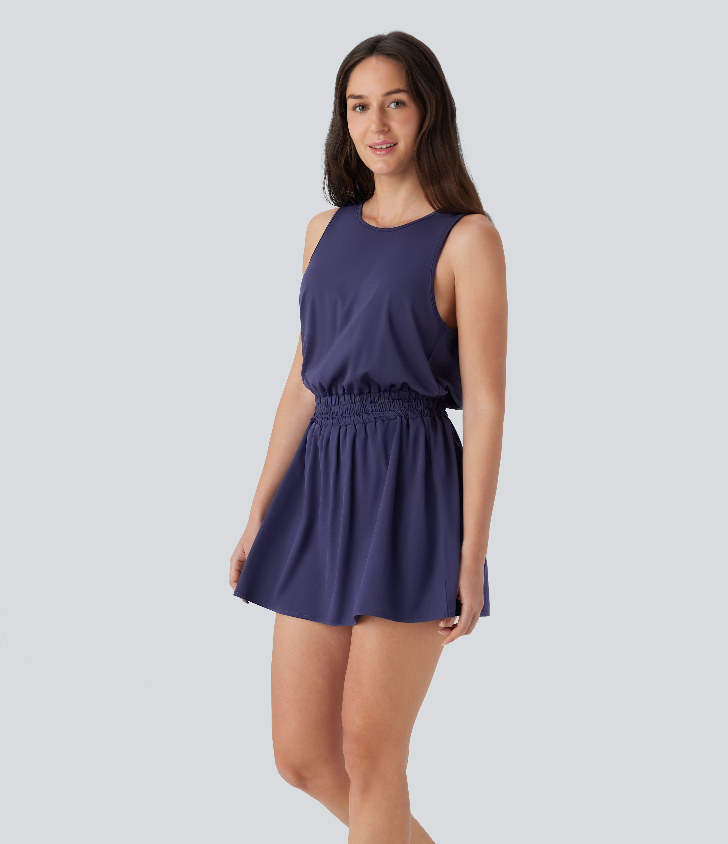 Halara Breezefulв„ў Tie Back 2-in-1 Side Pocket Color Block Mini Quick Dry Yoga Active Tank Dress-Easy Peezy Workout Dress - Patriot Blue - XS 