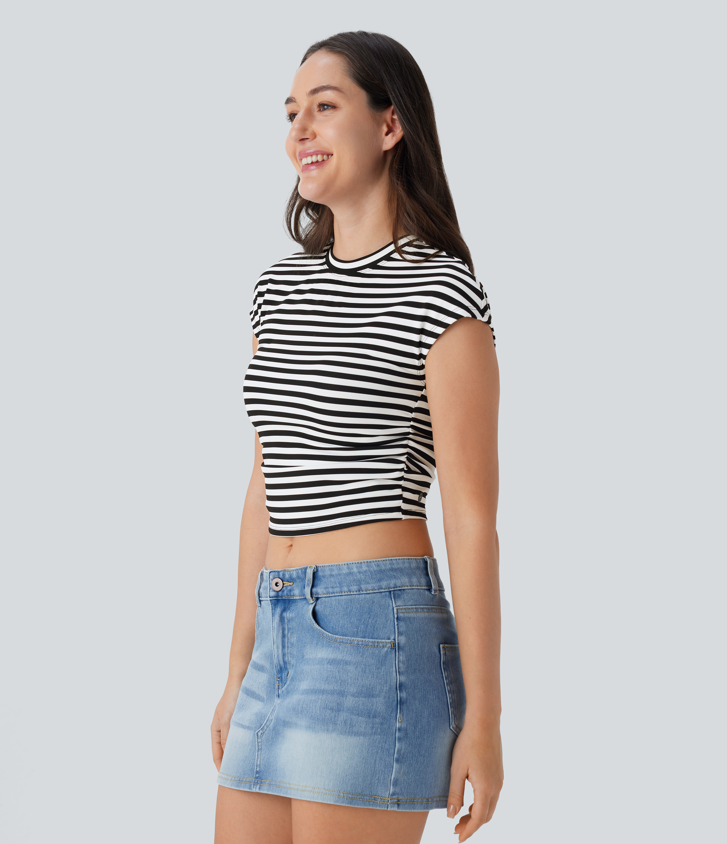 Halara Stripe Cap Sleeve Ruched Slim Cropped Waffle Casual Tee  - Black White Horizontal Stripe - L 