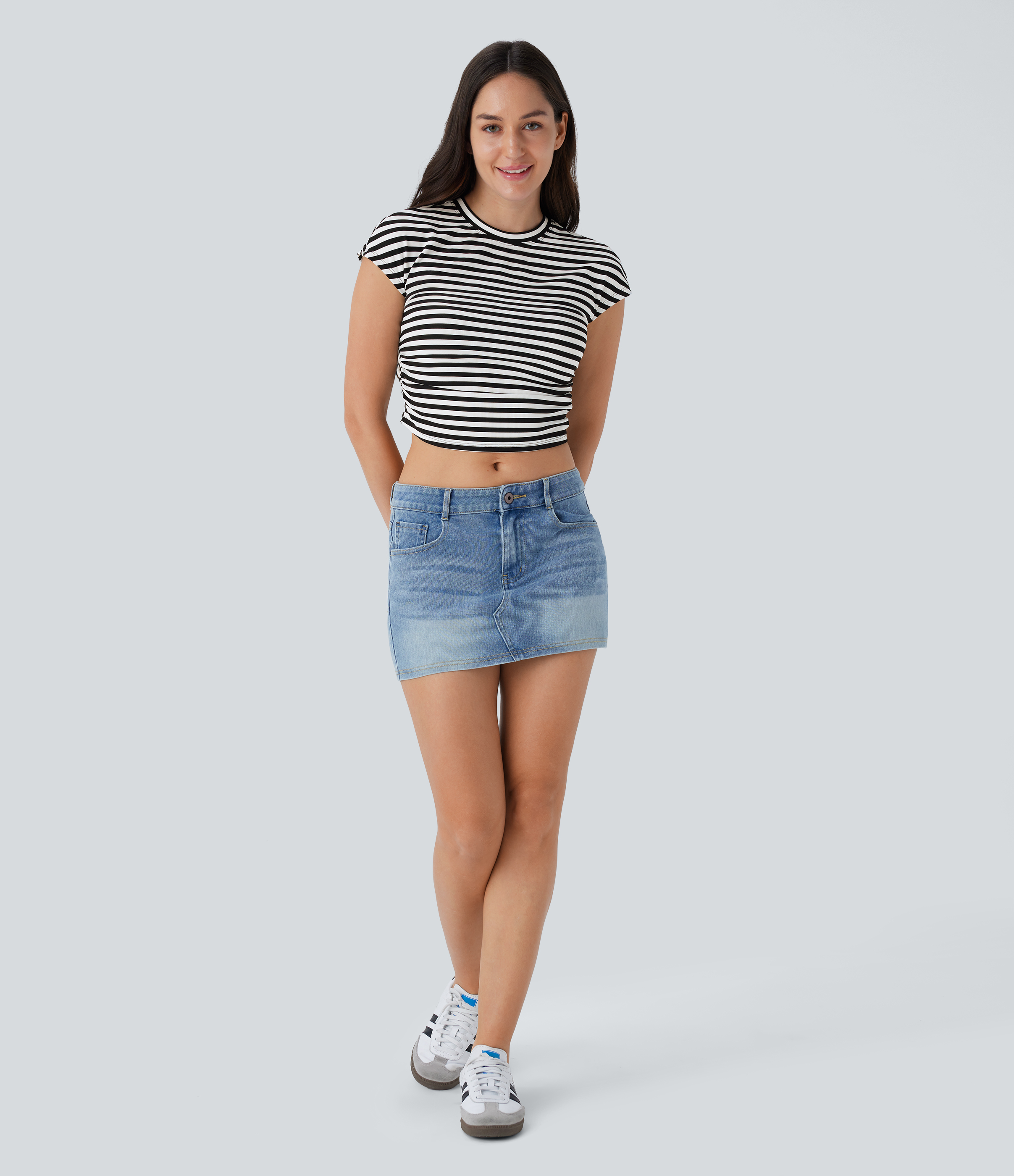 Halara Stripe Cap Sleeve Ruched Slim Cropped Waffle Casual Tee  - Black White Horizontal Stripe - L 