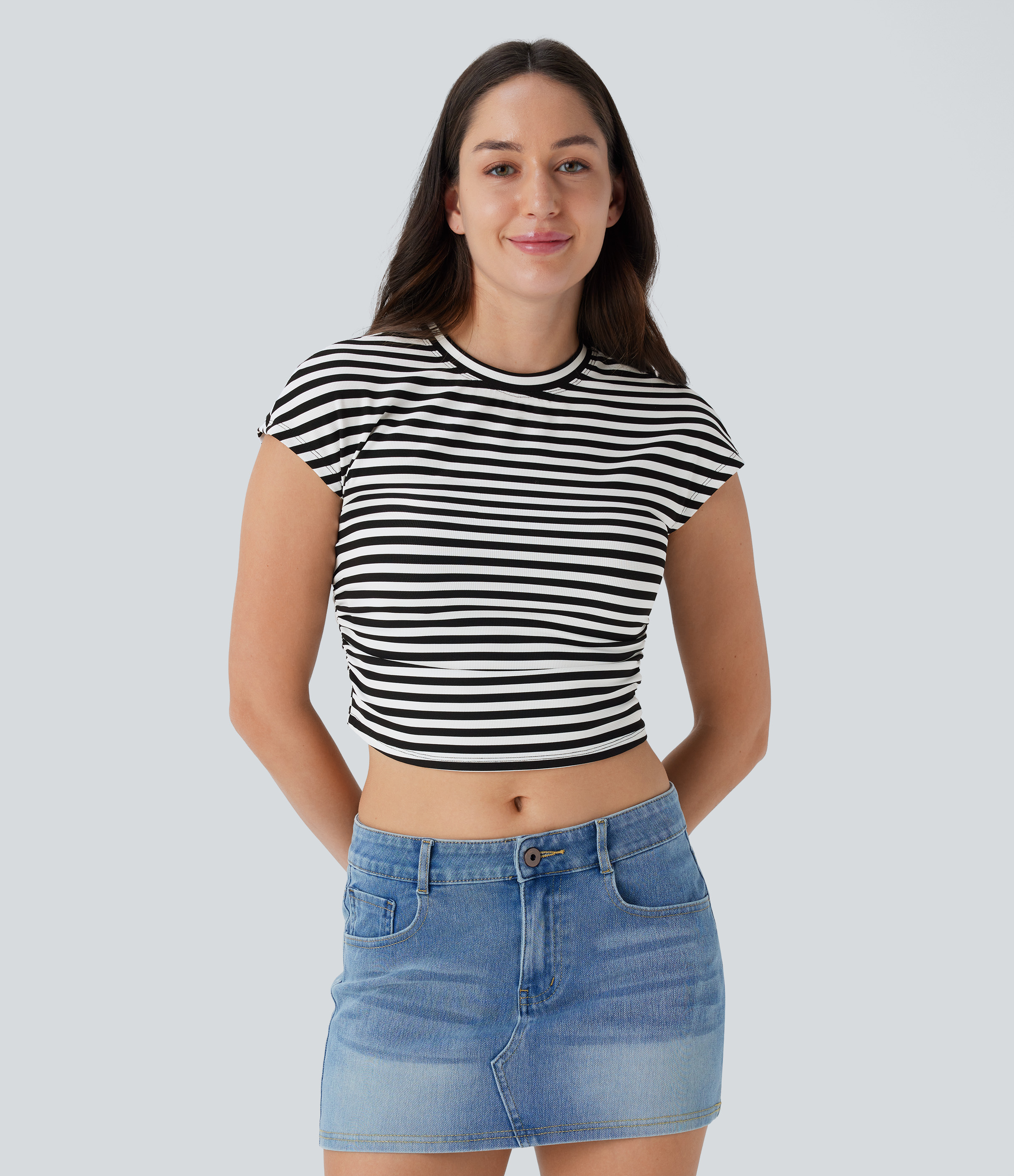 Halara Stripe Cap Sleeve Ruched Slim Cropped Waffle Casual Tee  - Black White Horizontal Stripe - L 