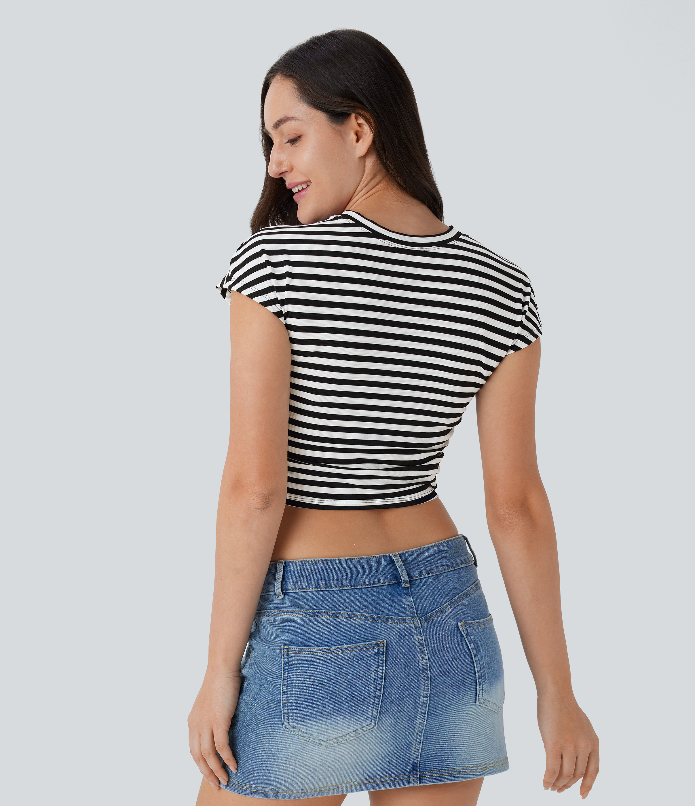 Halara Stripe Cap Sleeve Ruched Slim Cropped Waffle Casual Tee  - Black White Horizontal Stripe - L 