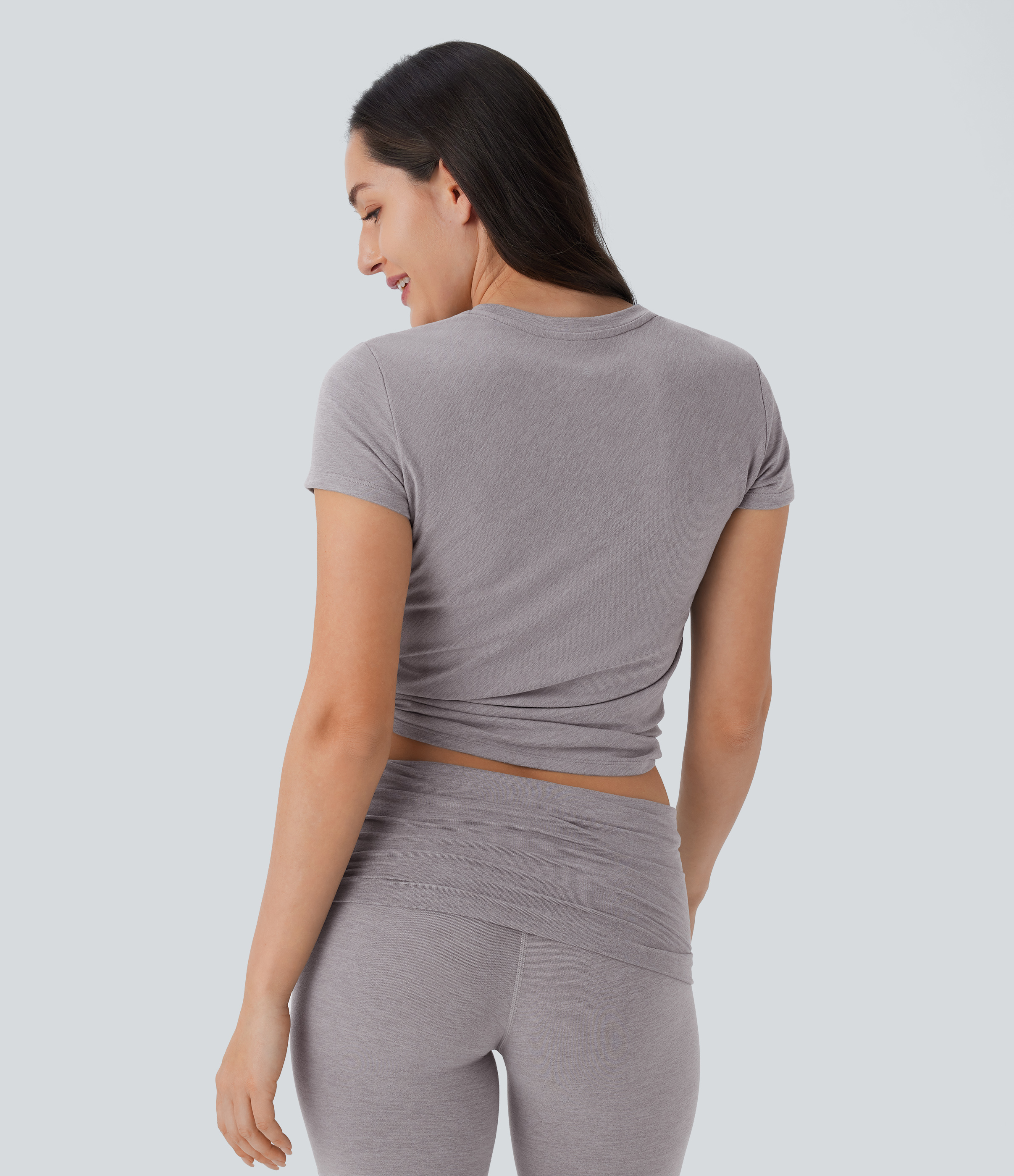 Halara Round Neck Short Sleeve Twisted Cropped Yoga Sports Top  - Mottled Earth Gray - M 