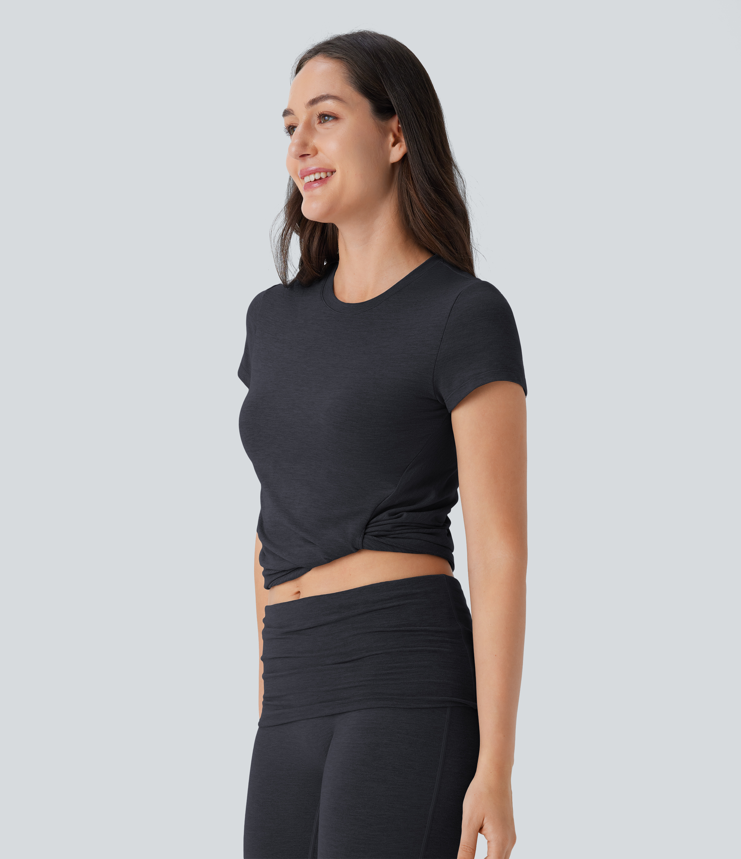 Halara Round Neck Short Sleeve Twisted Cropped Yoga Sports Top  - Mottled Hemp Black - M 