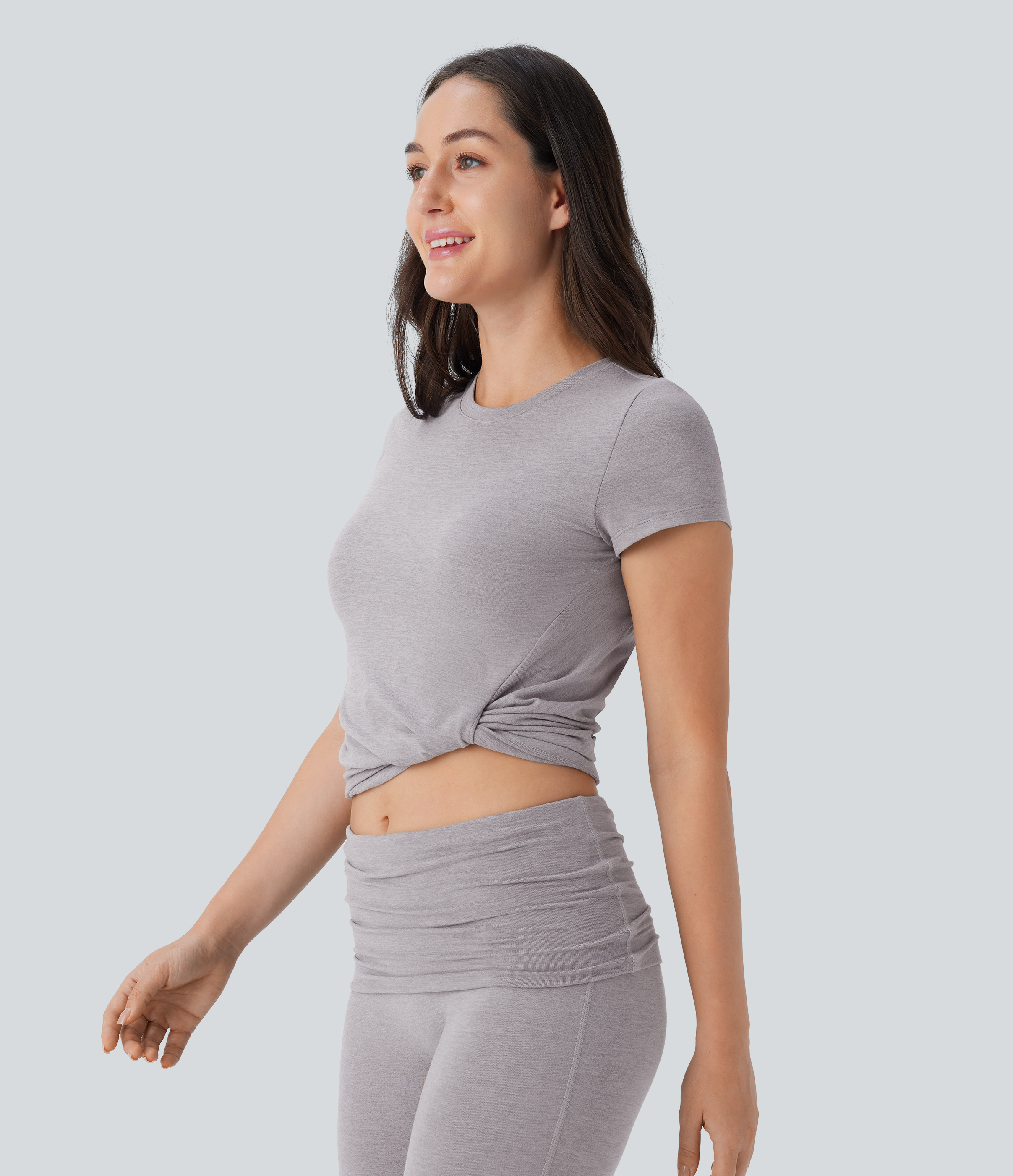 Halara Round Neck Short Sleeve Twisted Cropped Yoga Sports Top  - Mottled Earth Gray - M 