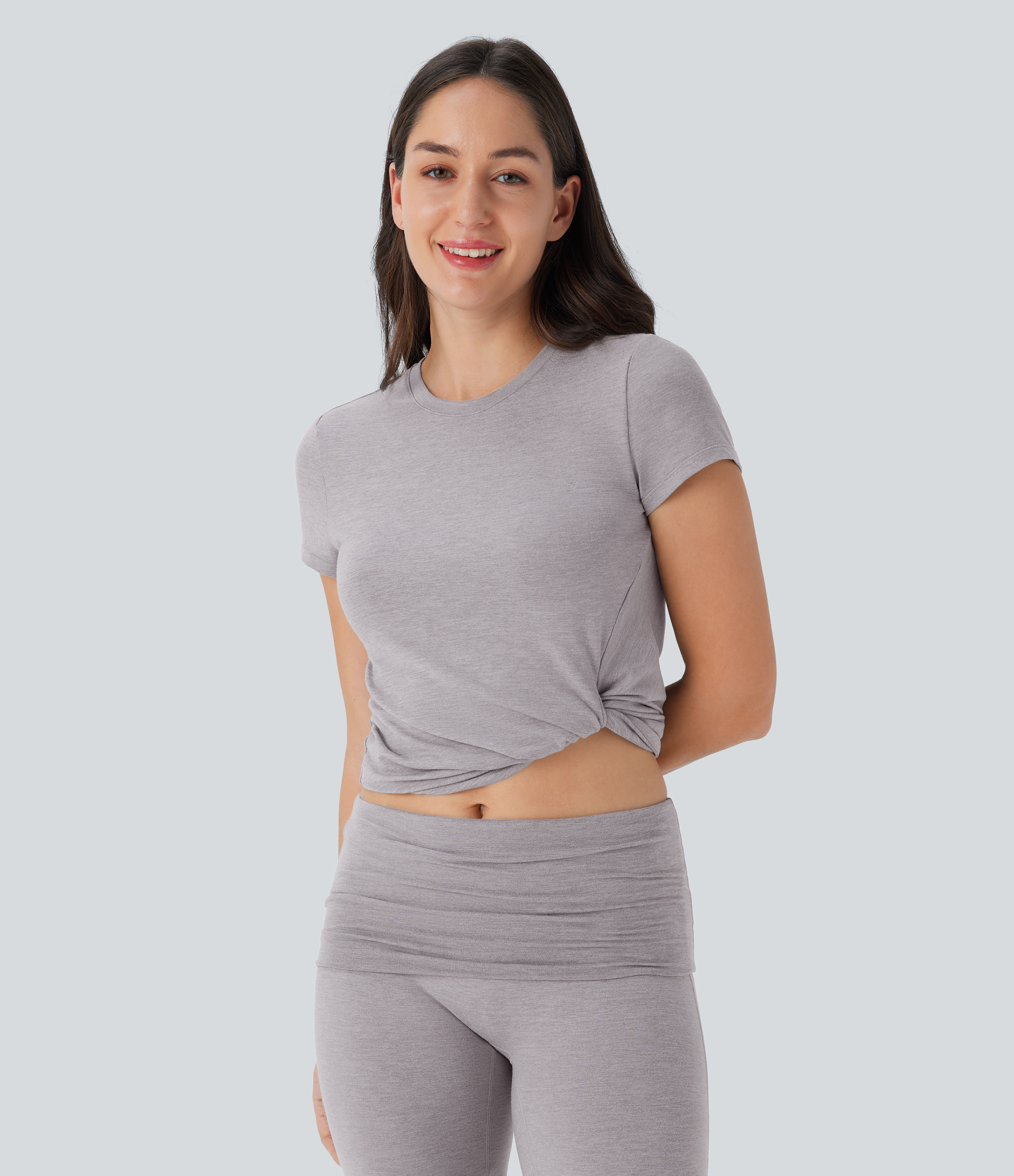 Halara Round Neck Short Sleeve Twisted Cropped Yoga Sports Top  - Mottled Earth Gray - M 