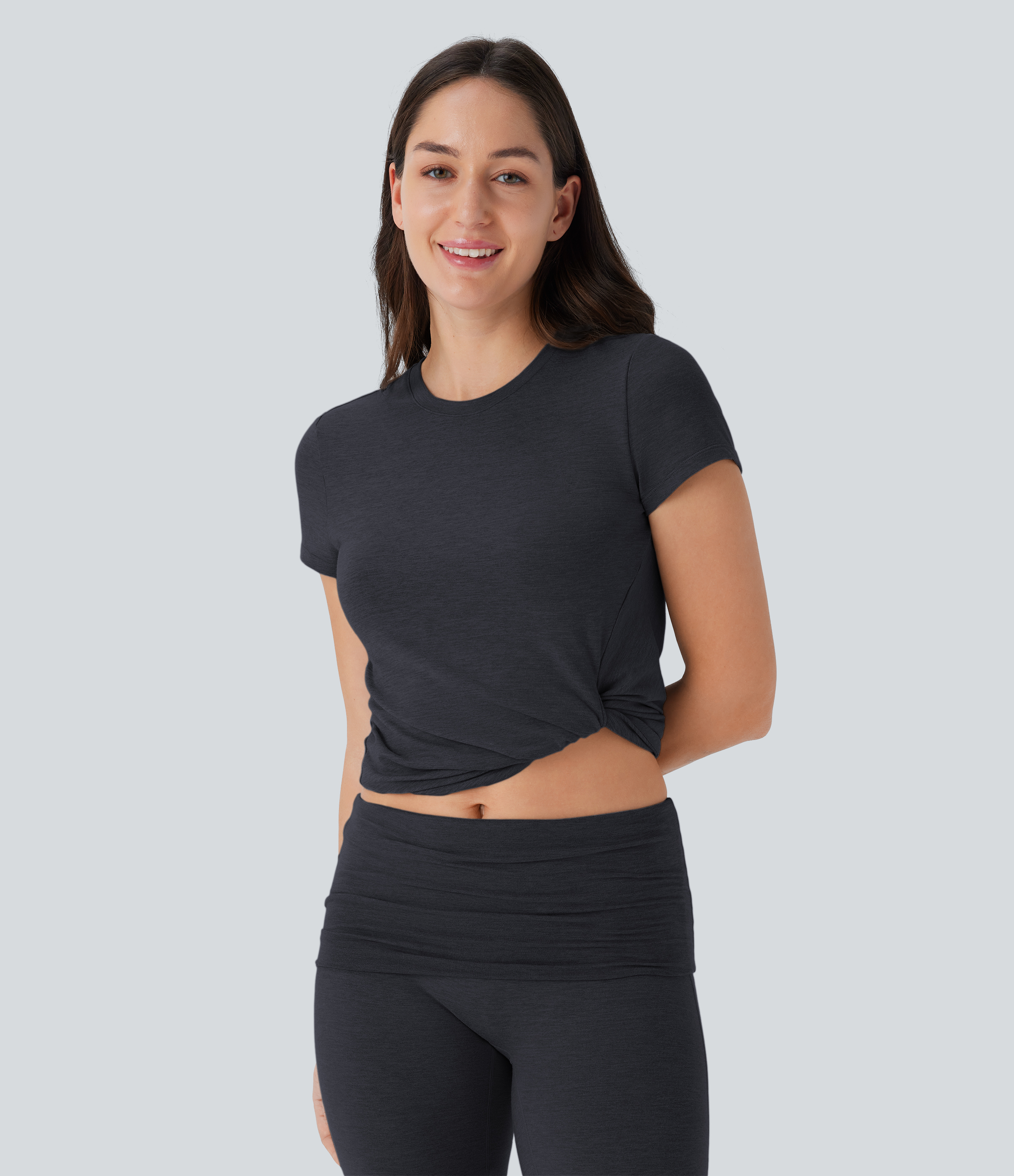 Halara Round Neck Short Sleeve Twisted Cropped Yoga Sports Top  - Mottled Hemp Black - M 