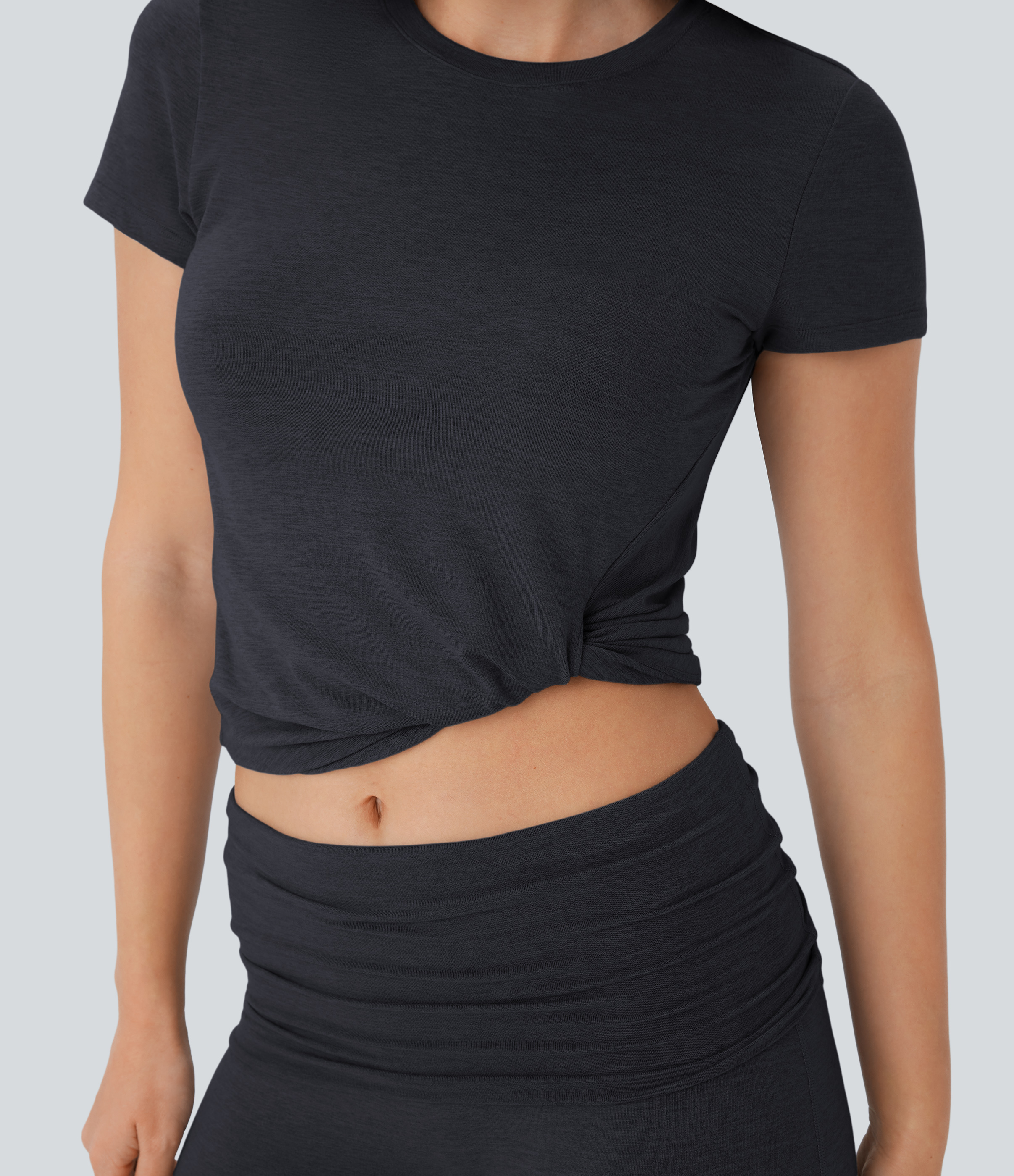 Halara Round Neck Short Sleeve Twisted Cropped Yoga Sports Top  - Mottled Hemp Black - M 