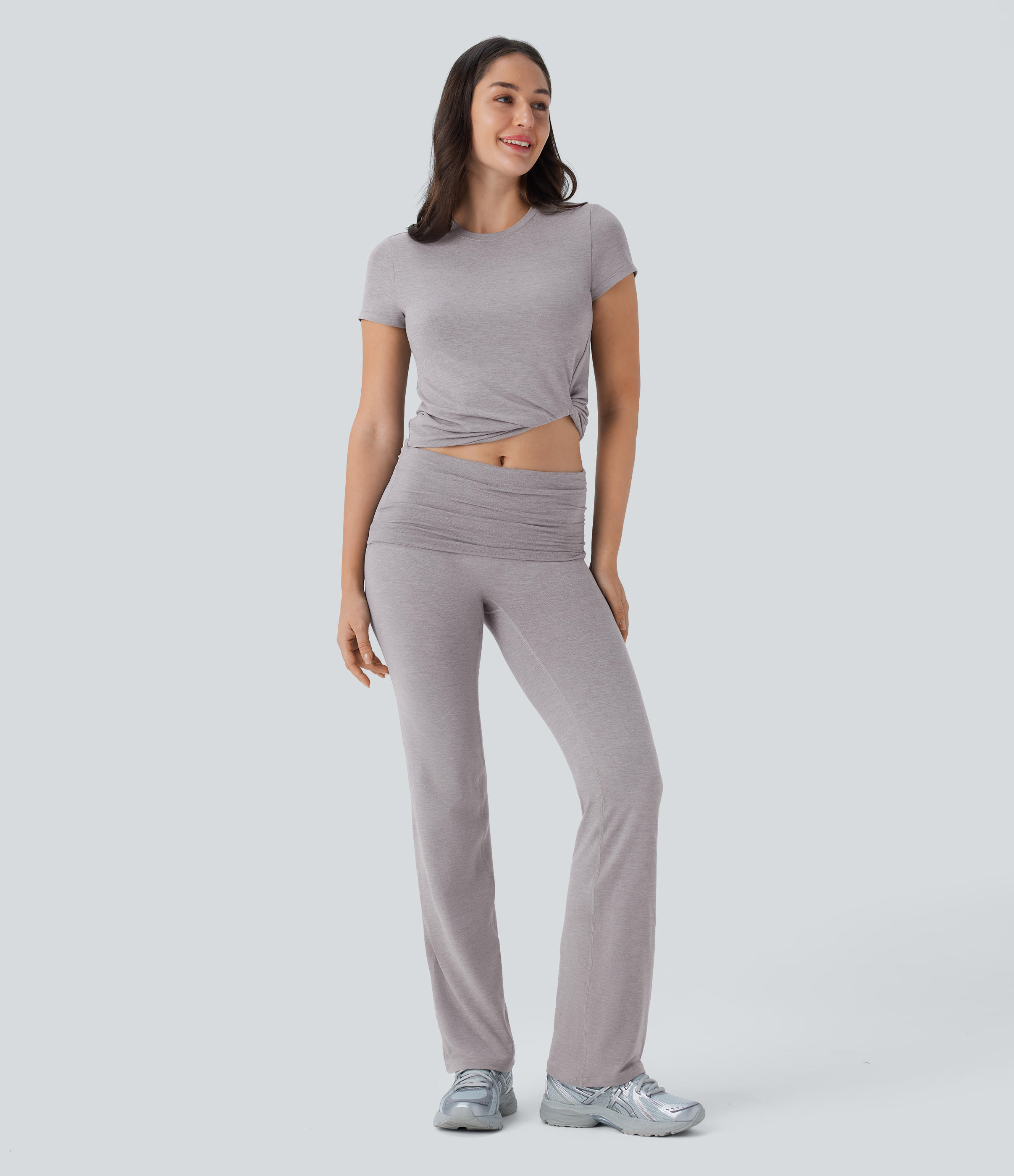 Halara Round Neck Short Sleeve Twisted Cropped Yoga Sports Top  - Mottled Earth Gray - M 