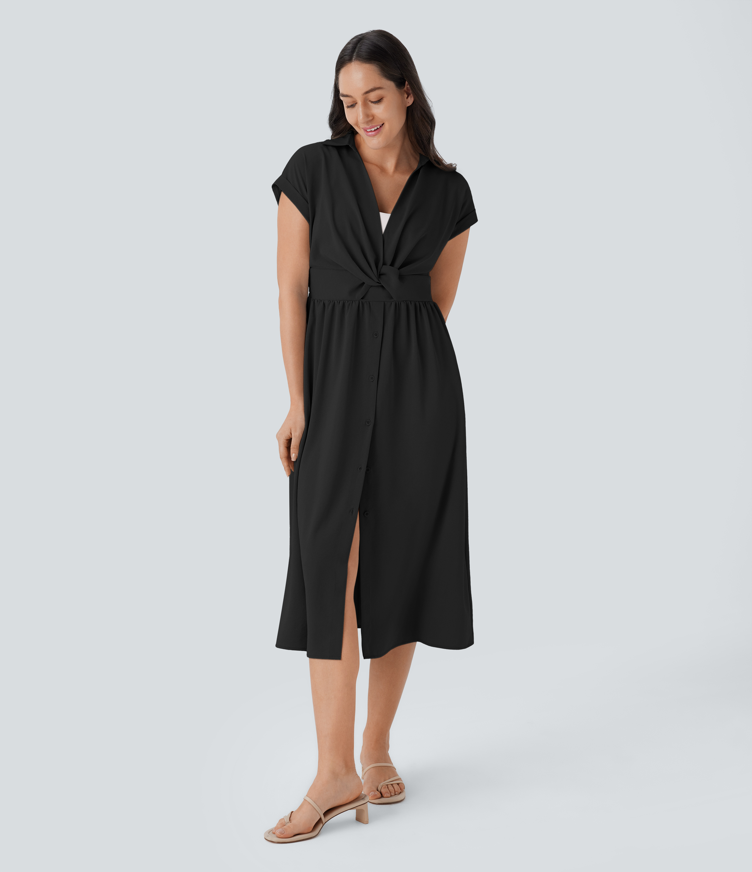 Halara Collared V Neck Short Sleeve Twisted Side Pocket Button Midi Casual Dress Casual Dress - Black - L slip dress beach dress ruched dress 
