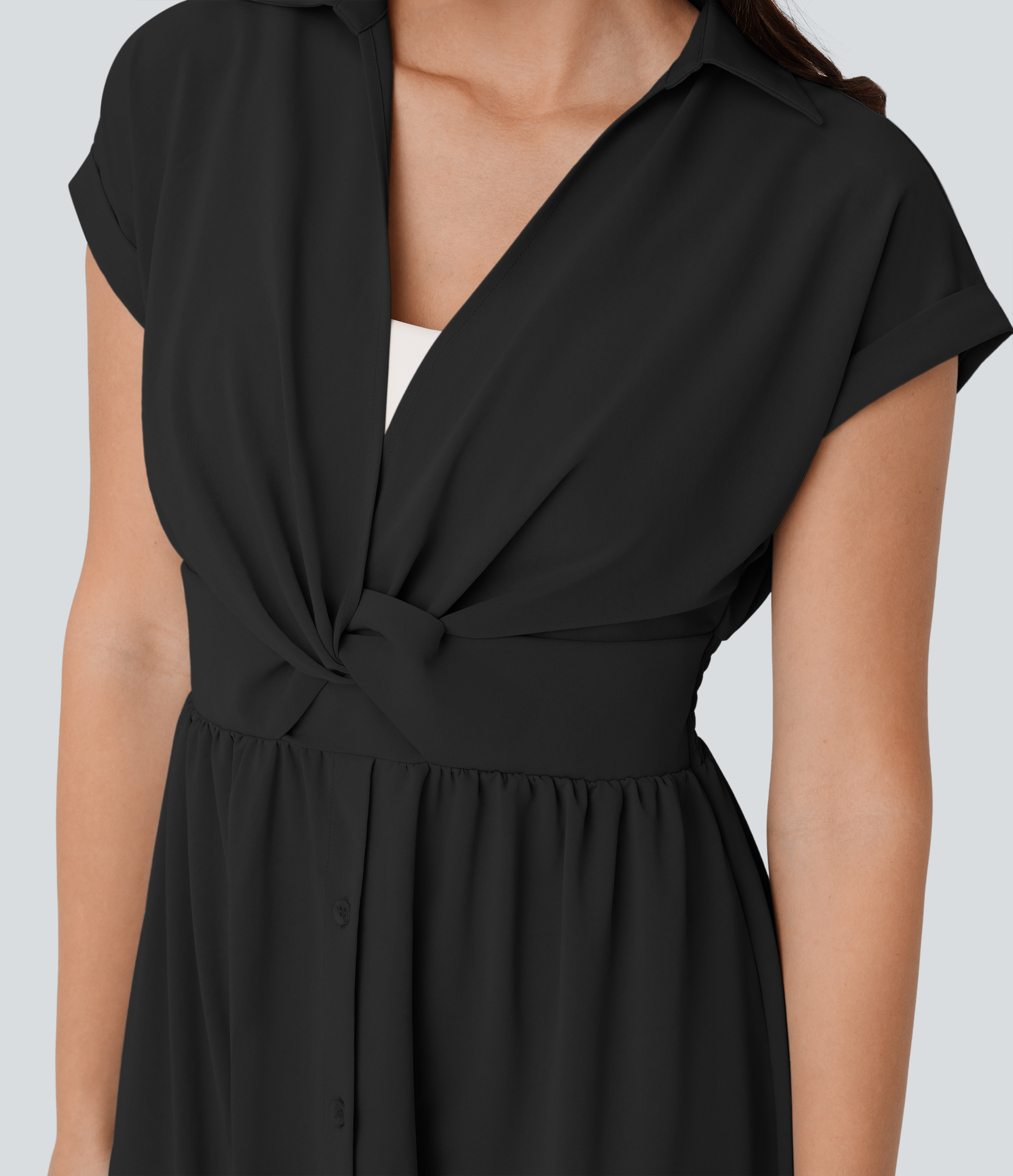 Halara Collared V Neck Short Sleeve Twisted Side Pocket Button Midi Casual Dress Casual Dress - Black - L slip dress beach dress ruched dress 