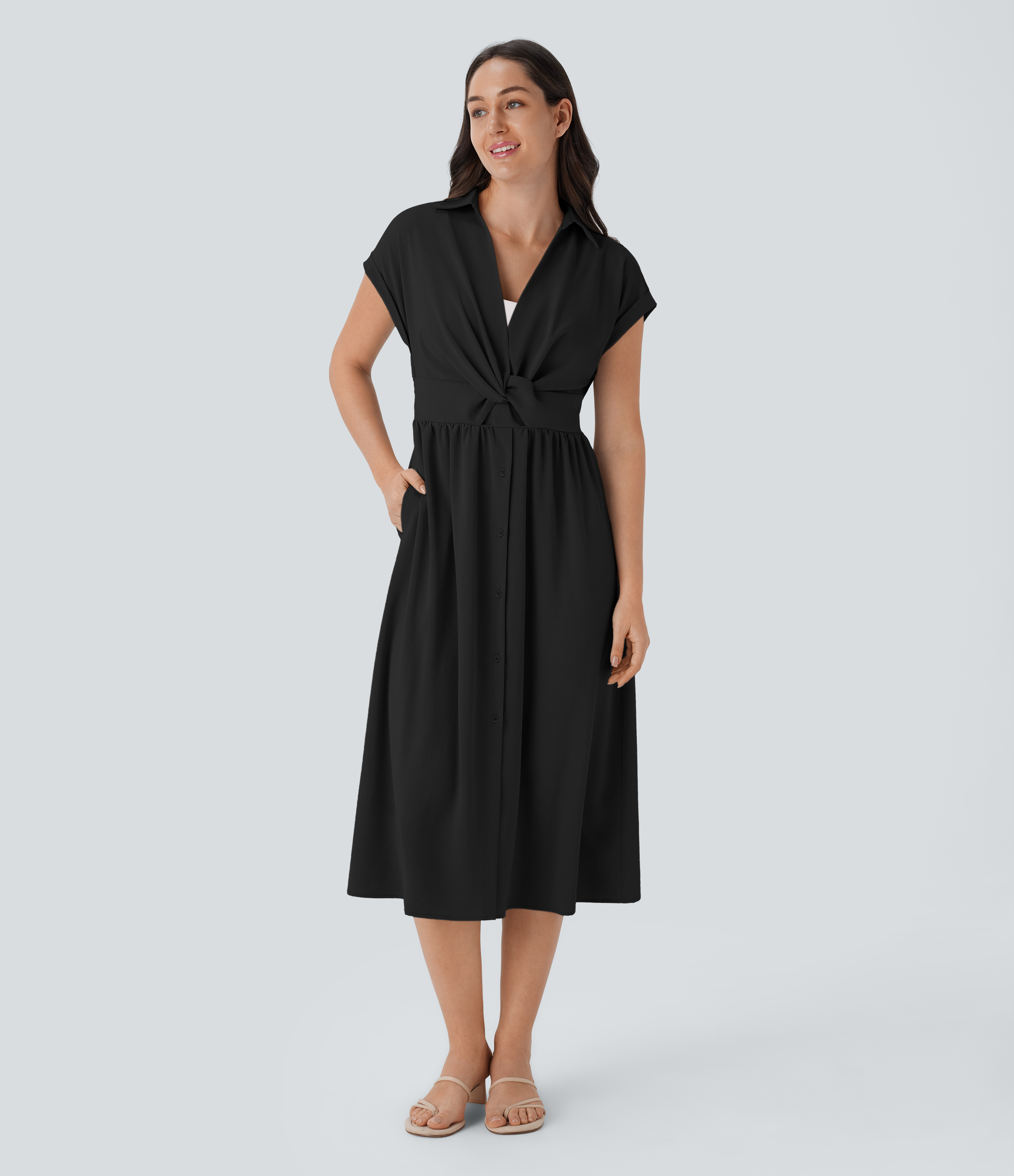 Halara Collared V Neck Short Sleeve Twisted Side Pocket Button Midi Casual Dress Casual Dress - Black - L slip dress beach dress ruched dress 