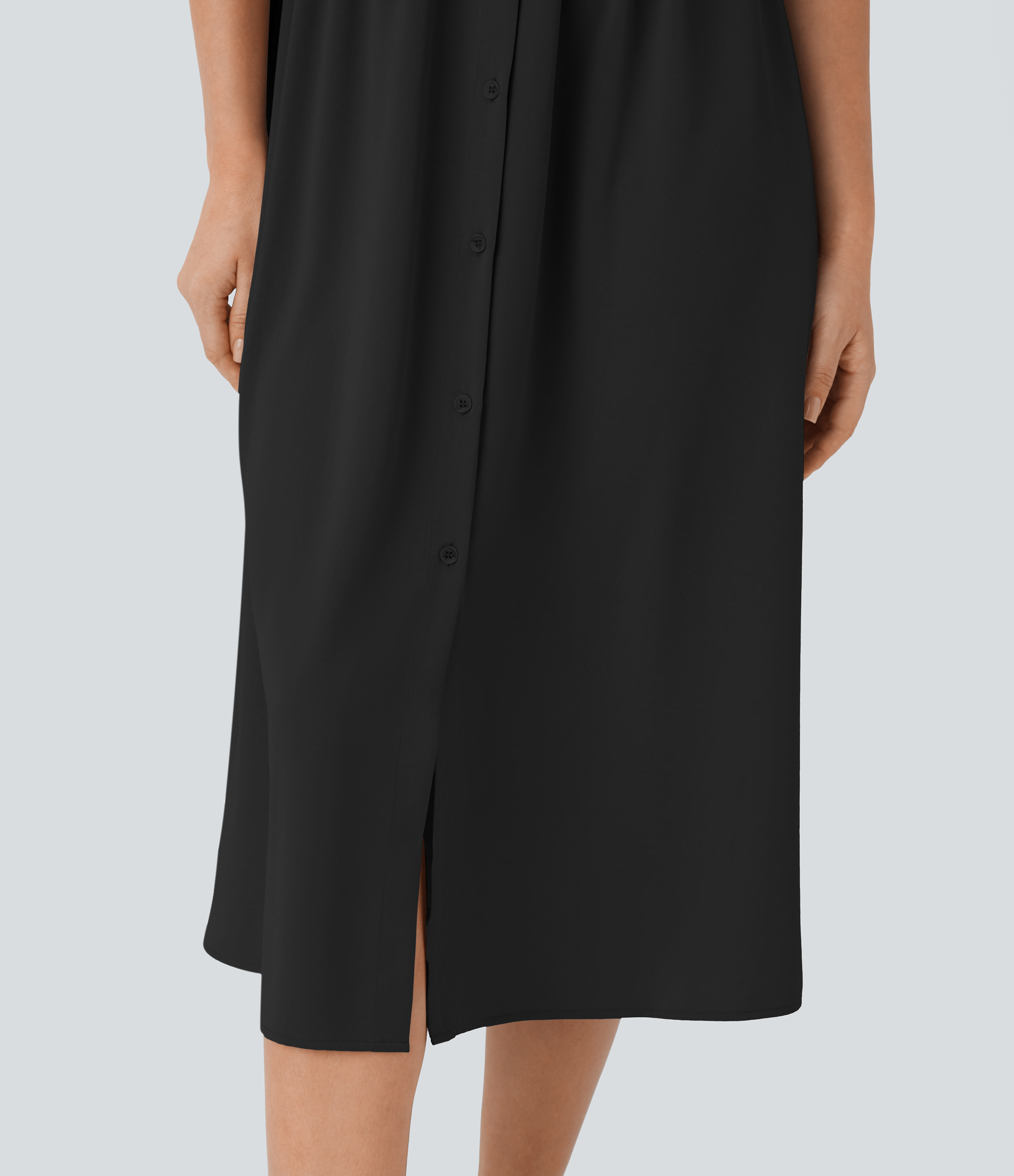 Halara Collared V Neck Short Sleeve Twisted Side Pocket Button Midi Casual Dress Casual Dress - Black - L slip dress beach dress ruched dress 
