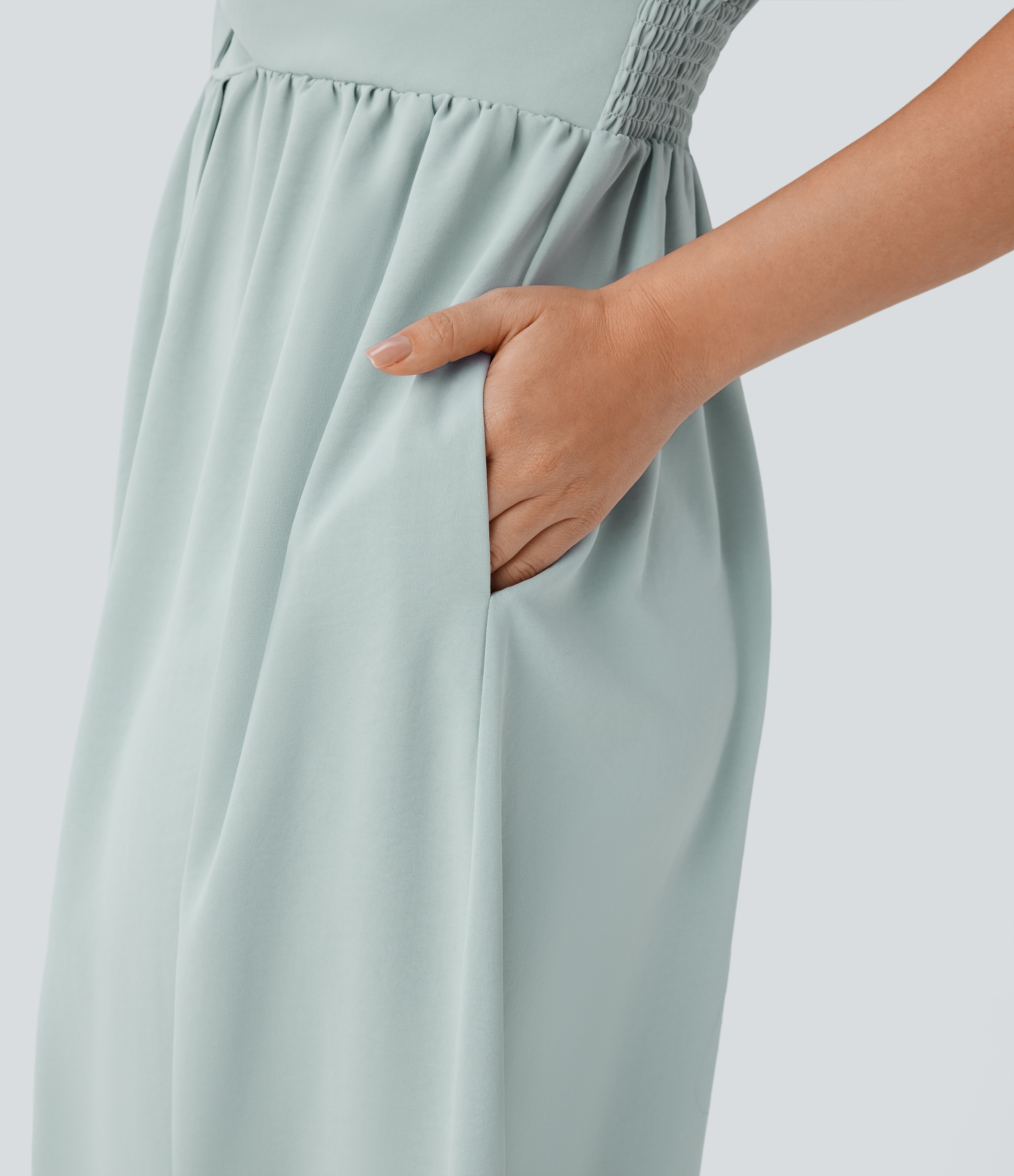 Halara Collared V Neck Short Sleeve Twisted Side Pocket Button Midi Casual Dress Casual Dress - Sky Gray - S slip dress beach dress 