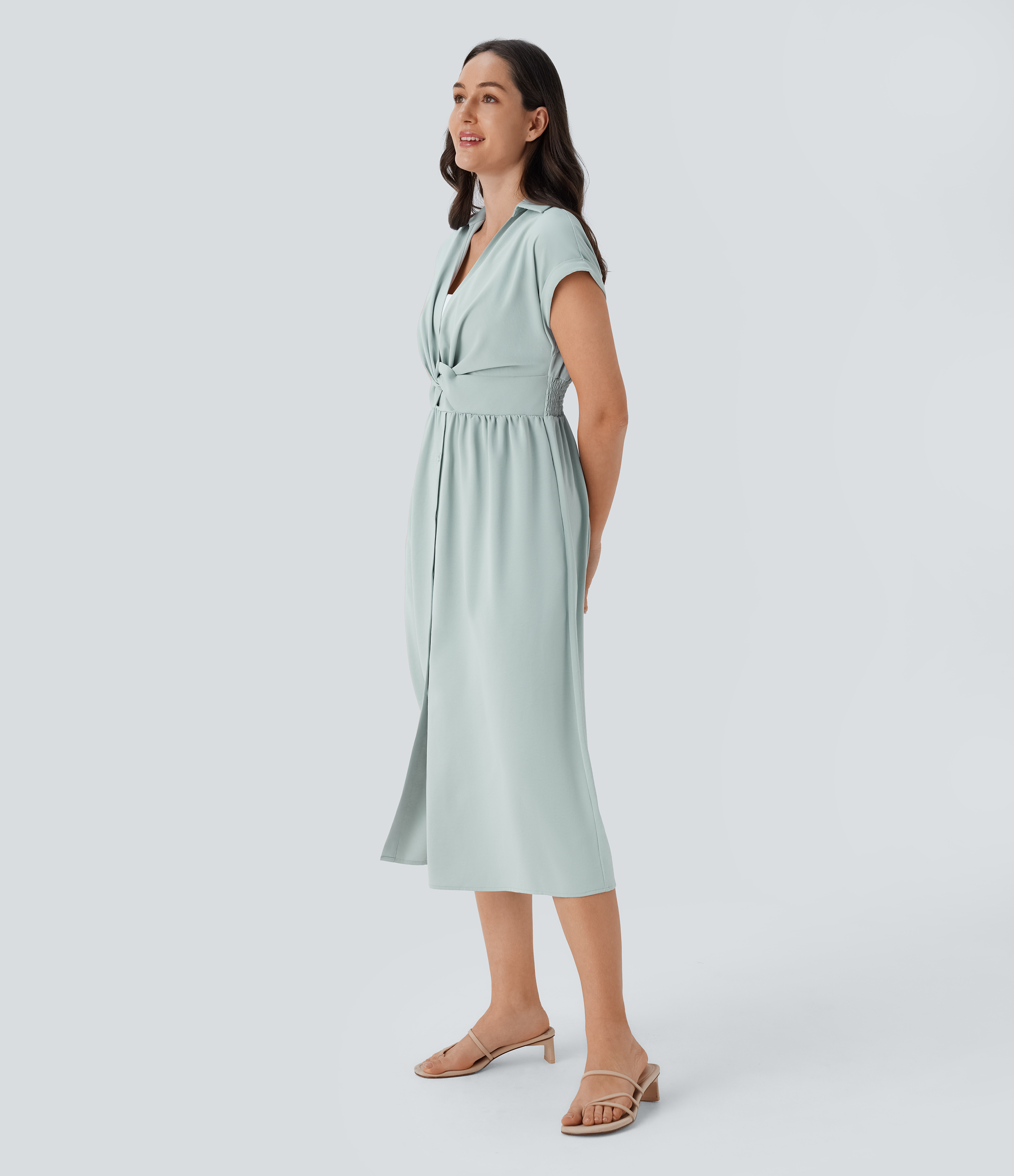 Halara Collared V Neck Short Sleeve Twisted Side Pocket Button Midi Casual Dress Casual Dress - Sky Gray - S slip dress beach dress 