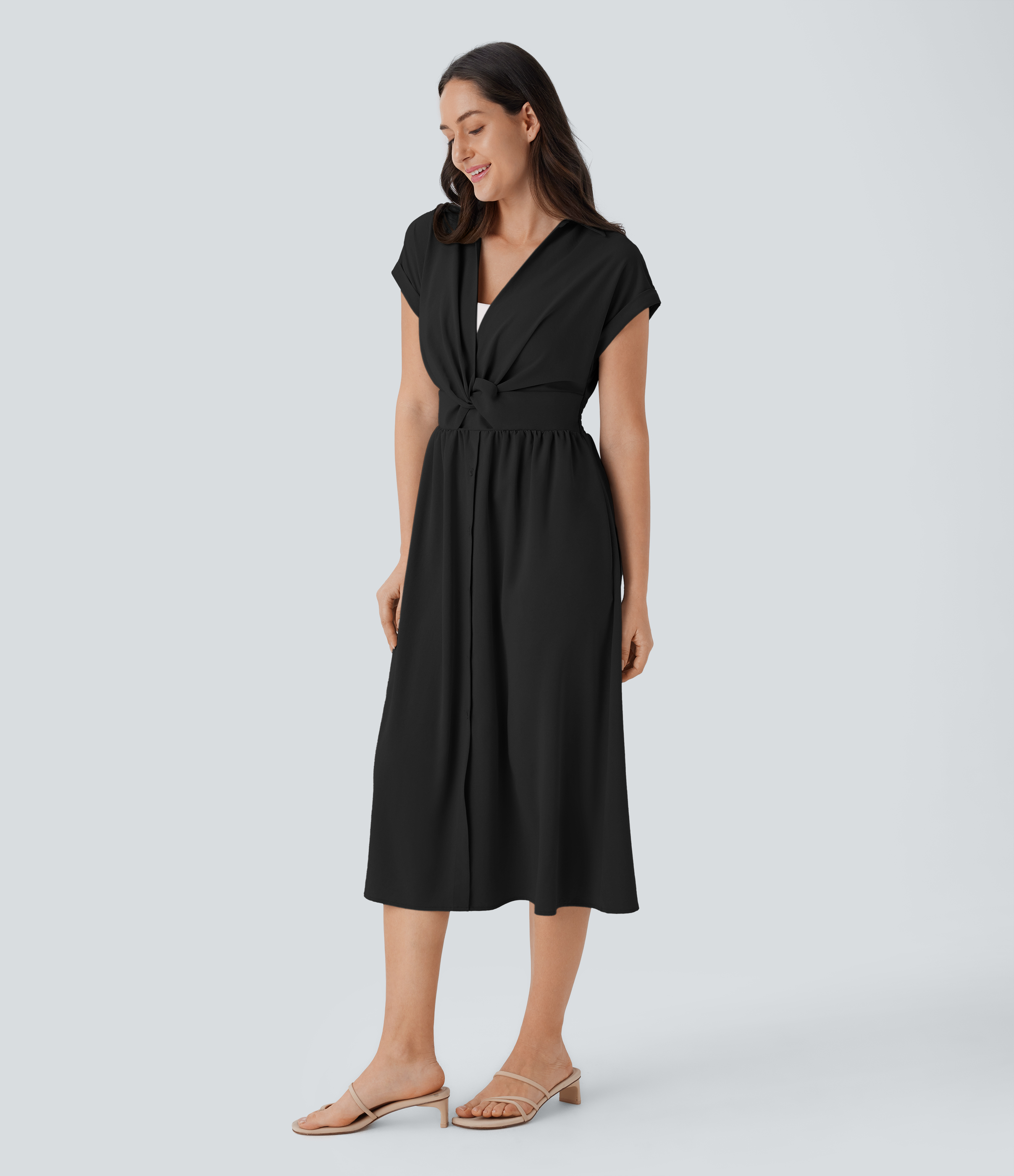 Halara Collared V Neck Short Sleeve Twisted Side Pocket Button Midi Casual Dress Casual Dress - Black - L slip dress beach dress ruched dress 