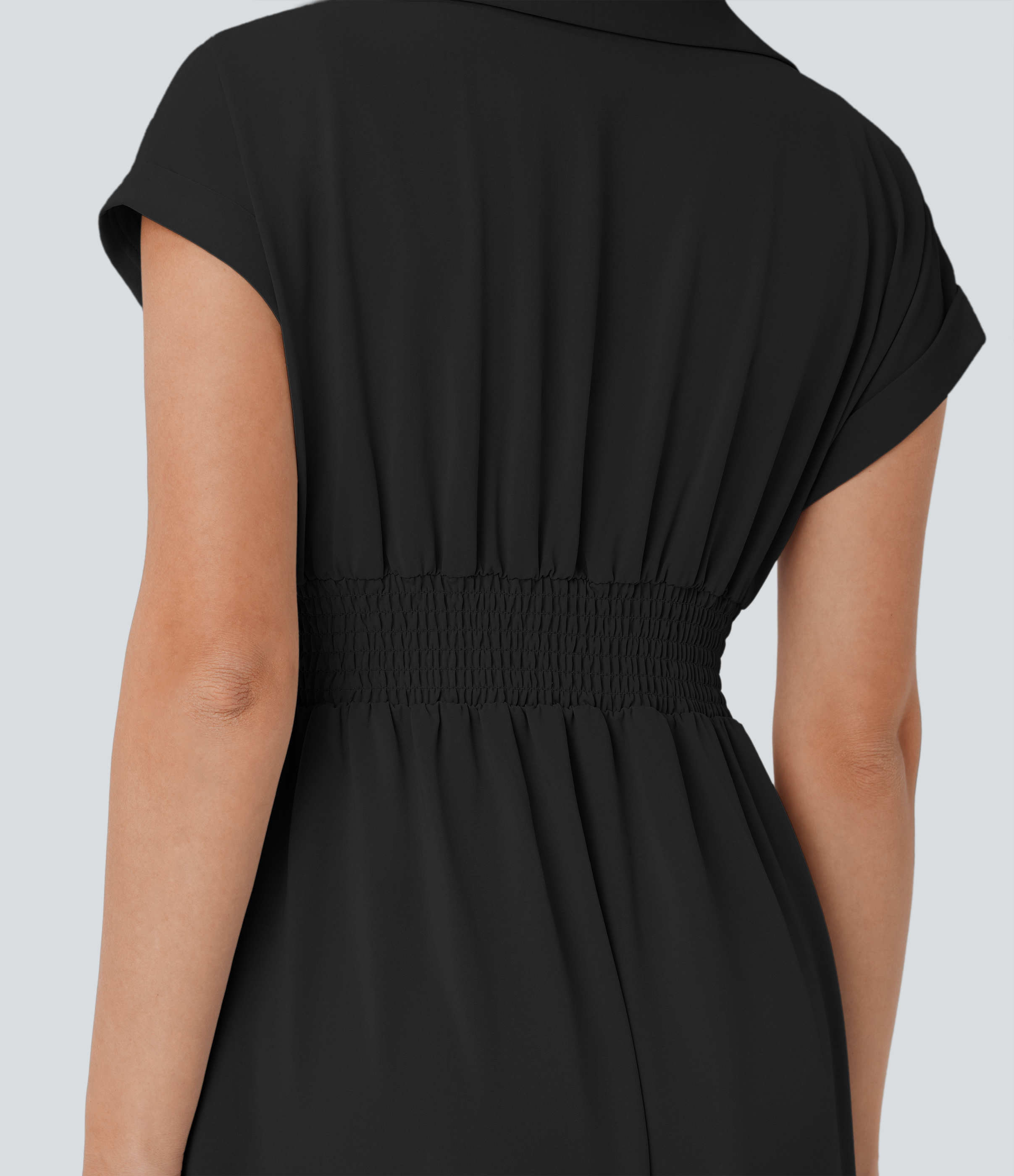 Halara Collared V Neck Short Sleeve Twisted Side Pocket Button Midi Casual Dress Casual Dress - Black - L slip dress beach dress ruched dress 