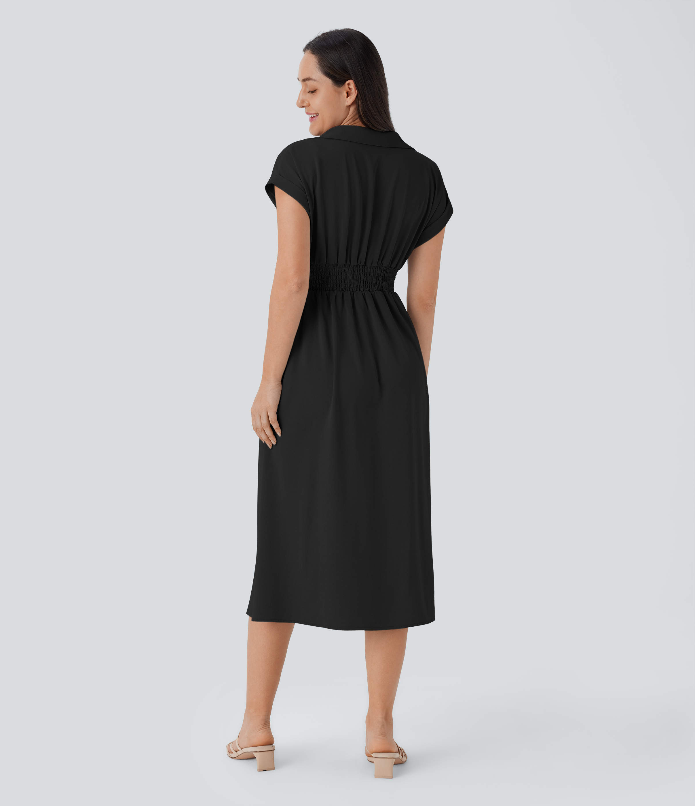 Halara Collared V Neck Short Sleeve Twisted Side Pocket Button Midi Casual Dress Casual Dress - Black - L slip dress beach dress ruched dress 