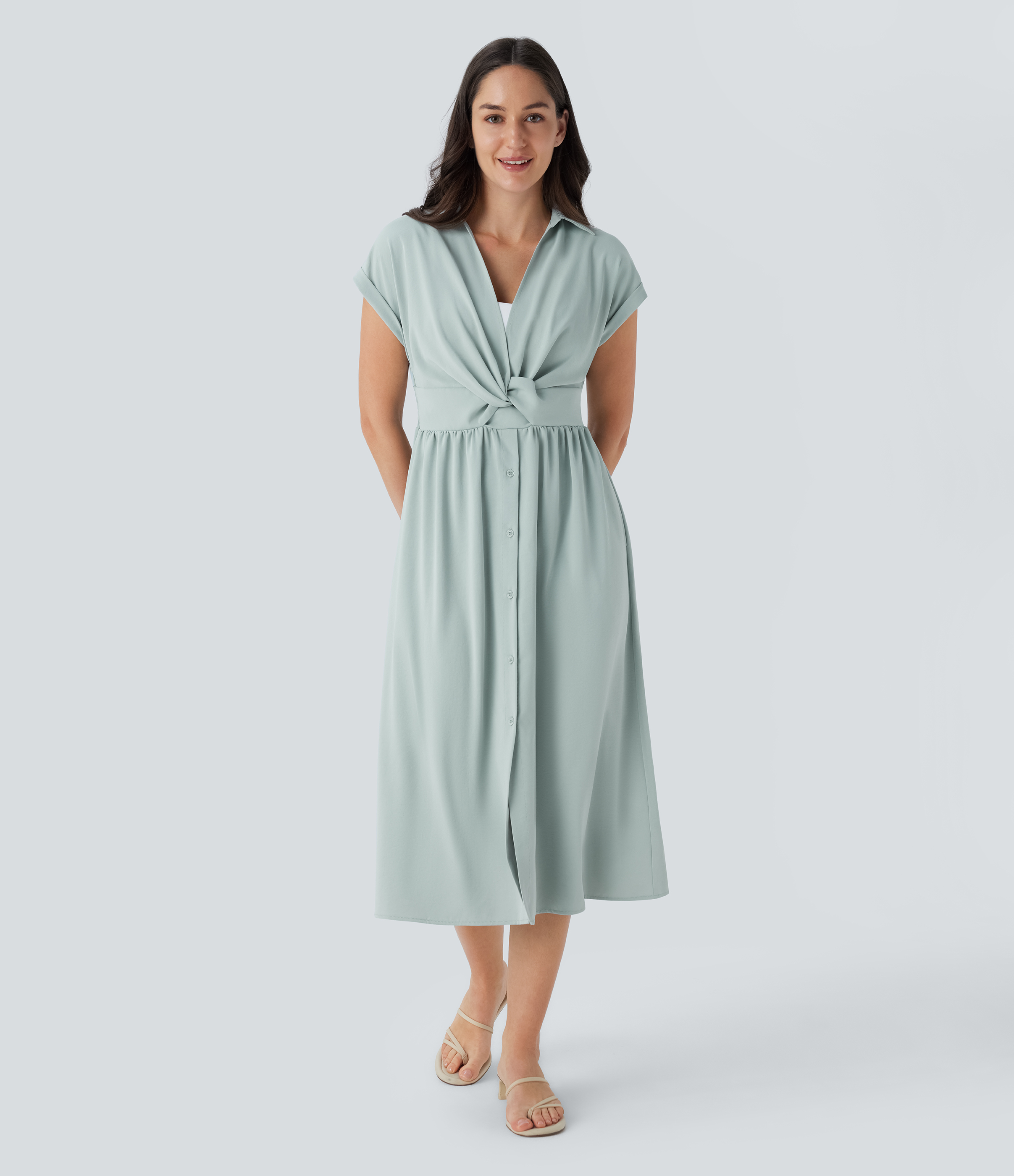 Halara Collared V Neck Short Sleeve Twisted Side Pocket Button Midi Casual Dress Casual Dress - Sky Gray - S slip dress beach dress 