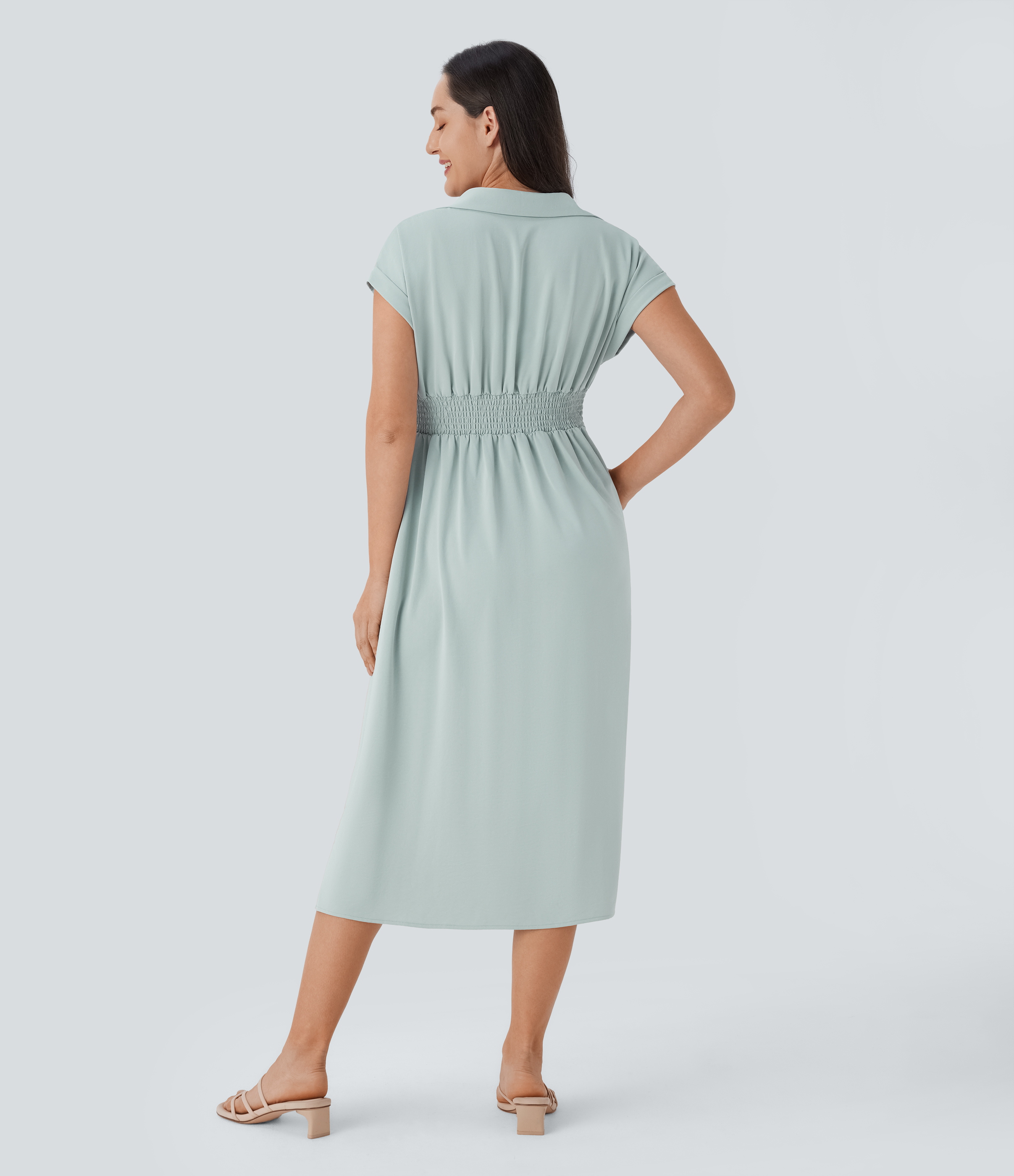 Halara Collared V Neck Short Sleeve Twisted Side Pocket Button Midi Casual Dress Casual Dress - Sky Gray - S slip dress beach dress 
