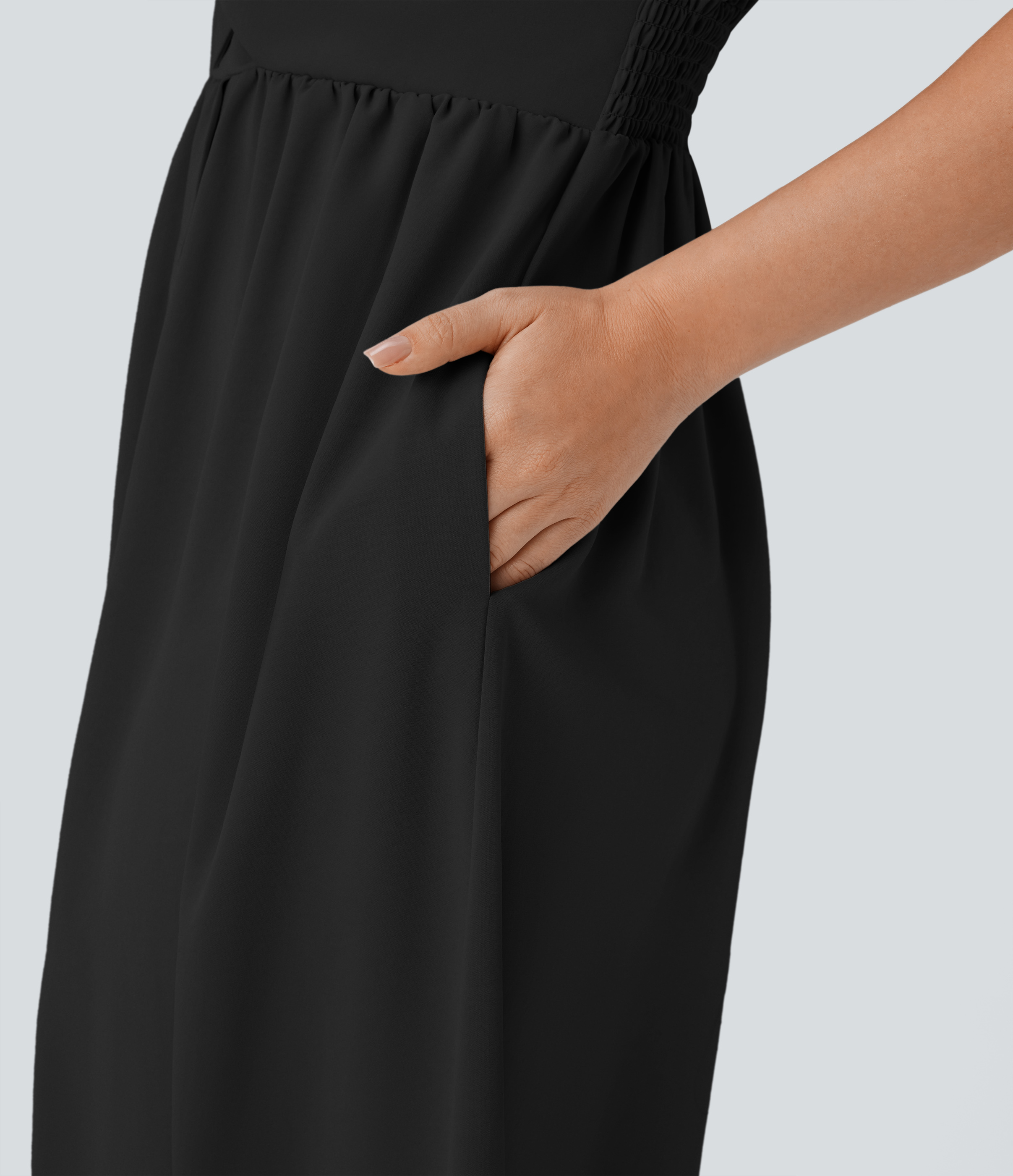 Halara Collared V Neck Short Sleeve Twisted Side Pocket Button Midi Casual Dress Casual Dress - Black - L slip dress beach dress ruched dress 